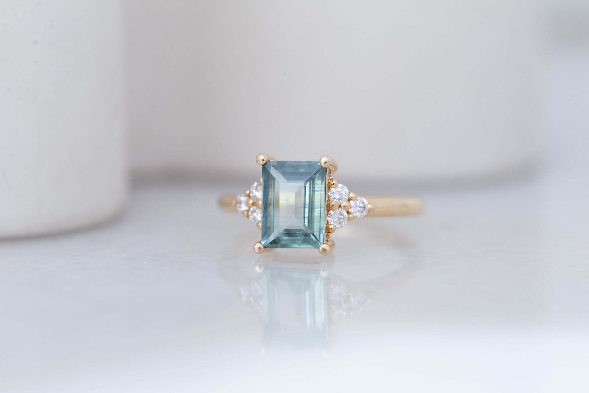 Verona Ring | Teal Baguette Cut Sapphire + Round Diamond Accents Engagement Ring 1.73 ct  | 14k Recycled Gold | One of a Kind
