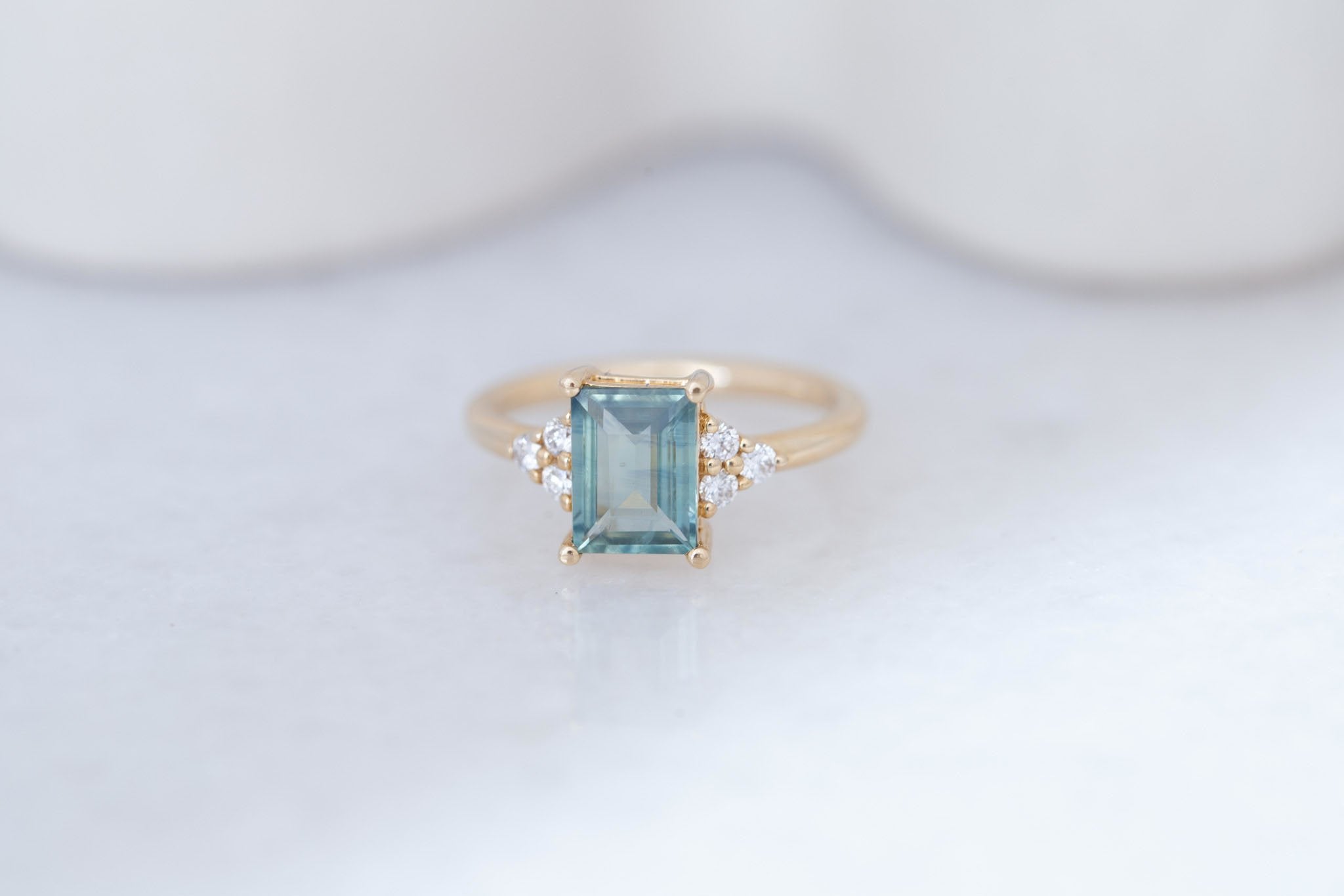 Verona Ring | Teal Baguette Cut Sapphire + Round Diamond Accents Engagement Ring 1.73 ct  | 14k Recycled Gold | One of a Kind