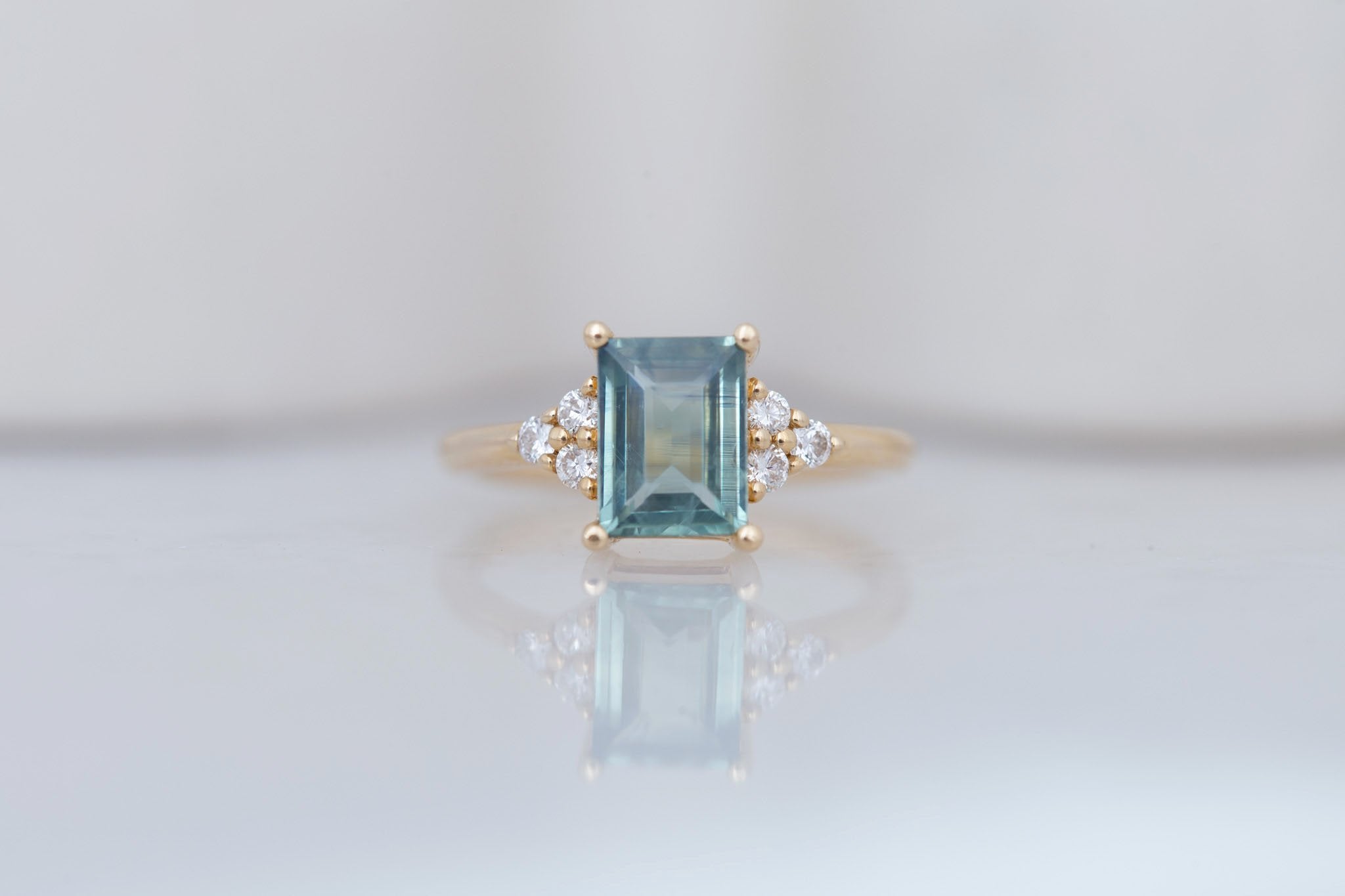 Verona Ring | Teal Baguette Cut Sapphire + Round Diamond Accents Engagement Ring 1.73 ct  | 14k Recycled Gold | One of a Kind