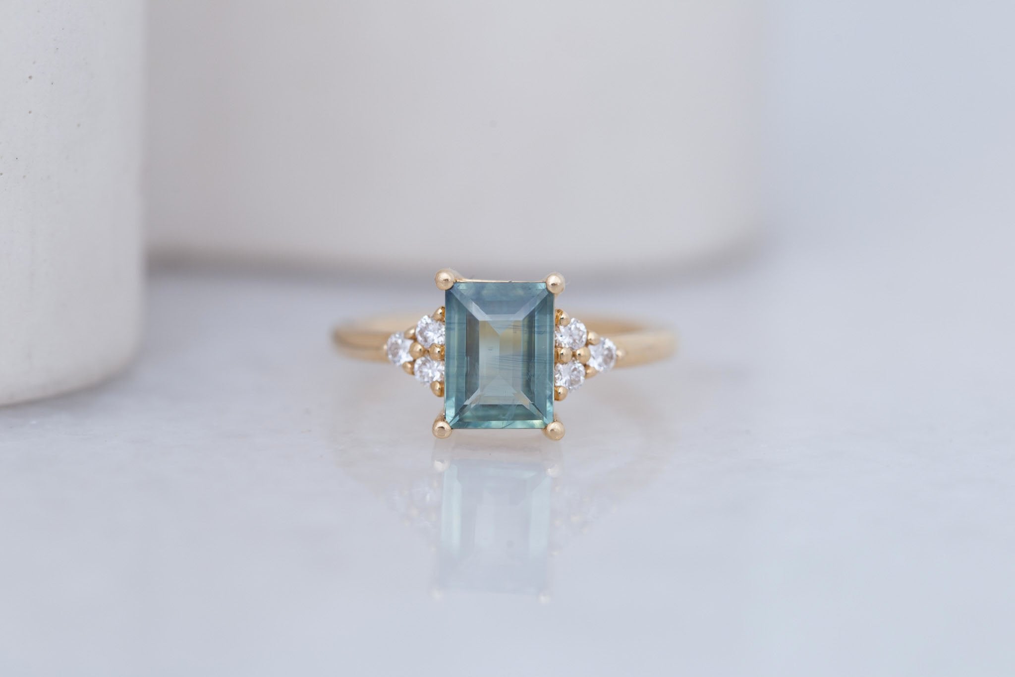 Verona Ring | Teal Baguette Cut Sapphire + Round Diamond Accents Engagement Ring 1.73 ct  | 14k Recycled Gold | One of a Kind