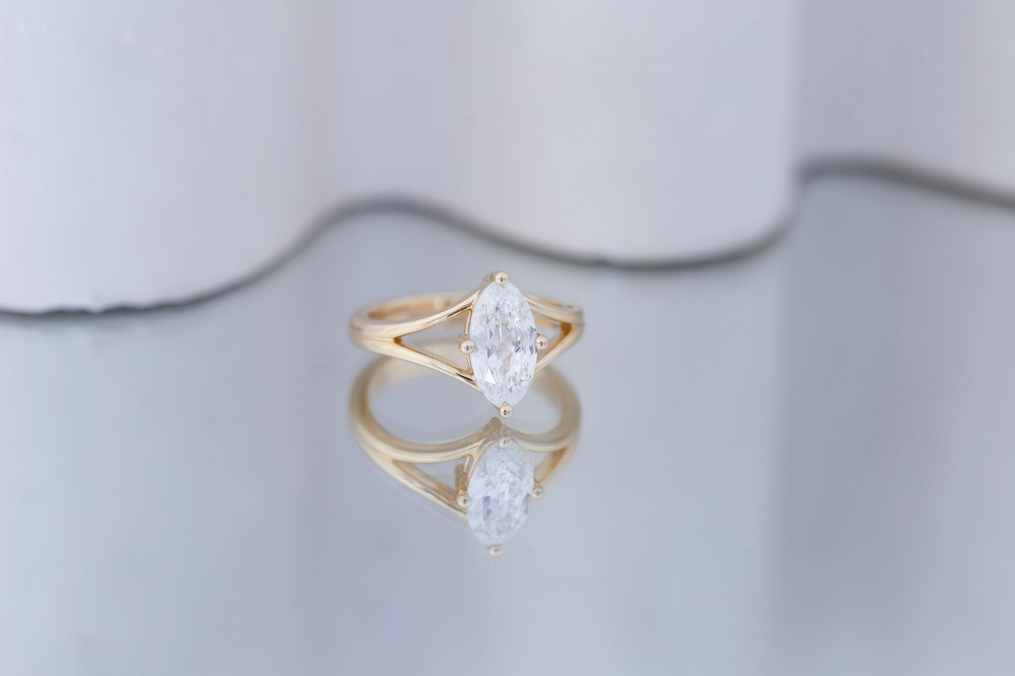 Merced Ring | Lab Moval Cut Split Shank Engagement Ring 1.73 ct | 14k Recycled Gold | One of a Kind