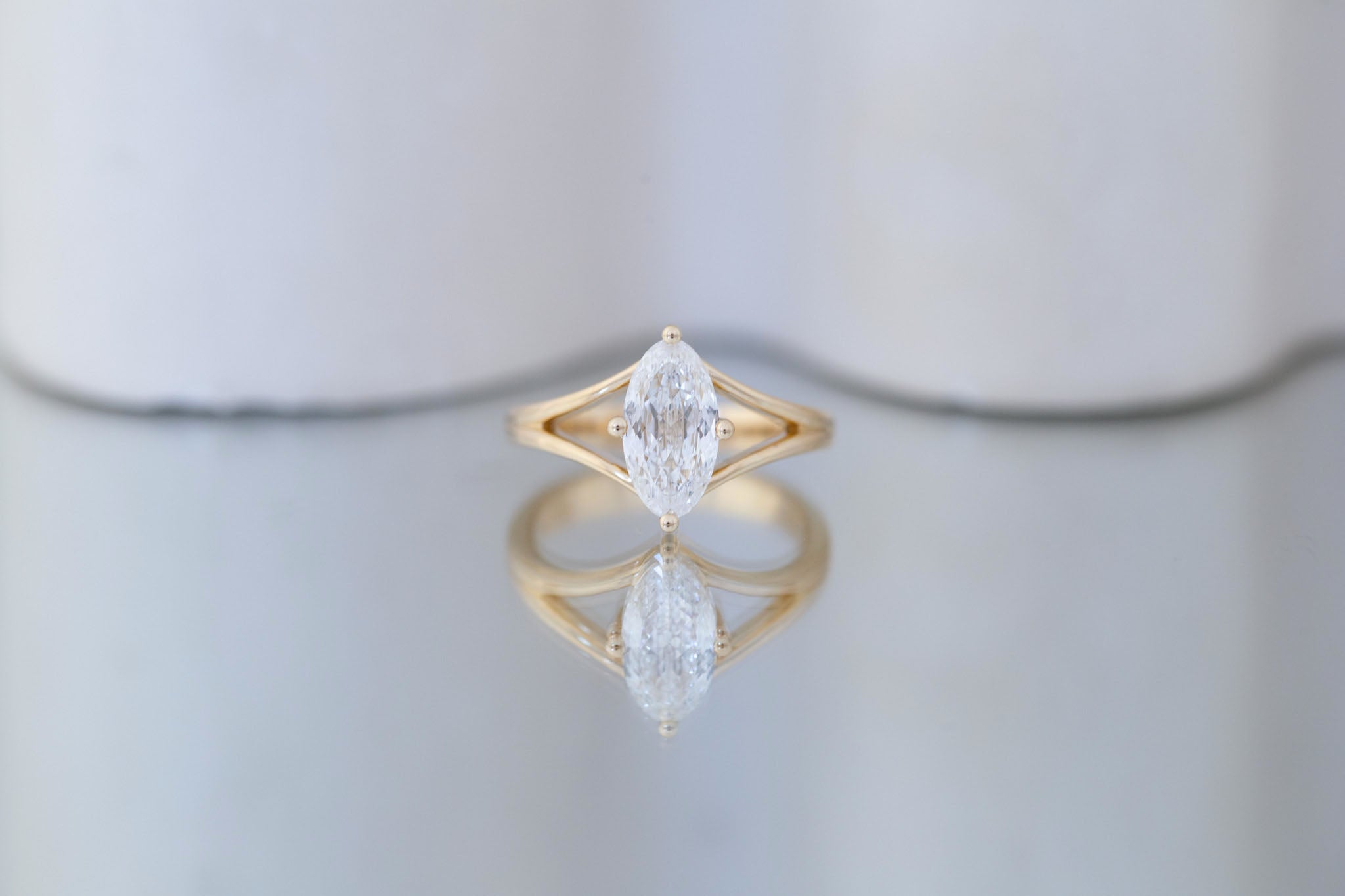 Merced Ring | Lab Moval Cut Split Shank Engagement Ring 1.73 ct | 14k Recycled Gold | One of a Kind