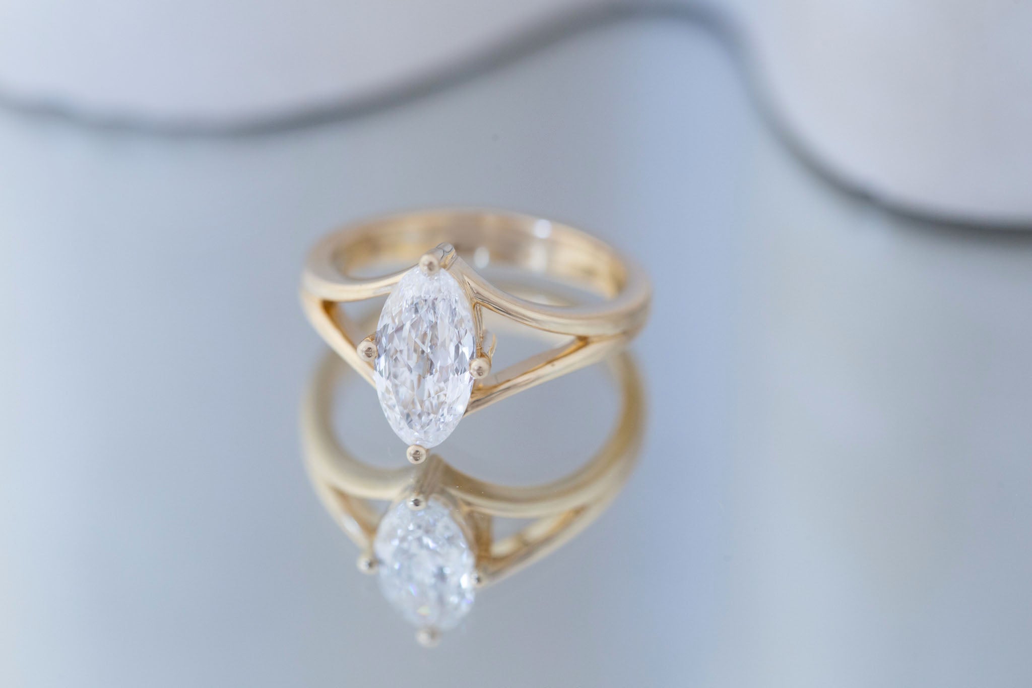 Merced Ring | Lab Moval Cut Split Shank Engagement Ring 1.73 ct | 14k Recycled Gold | One of a Kind