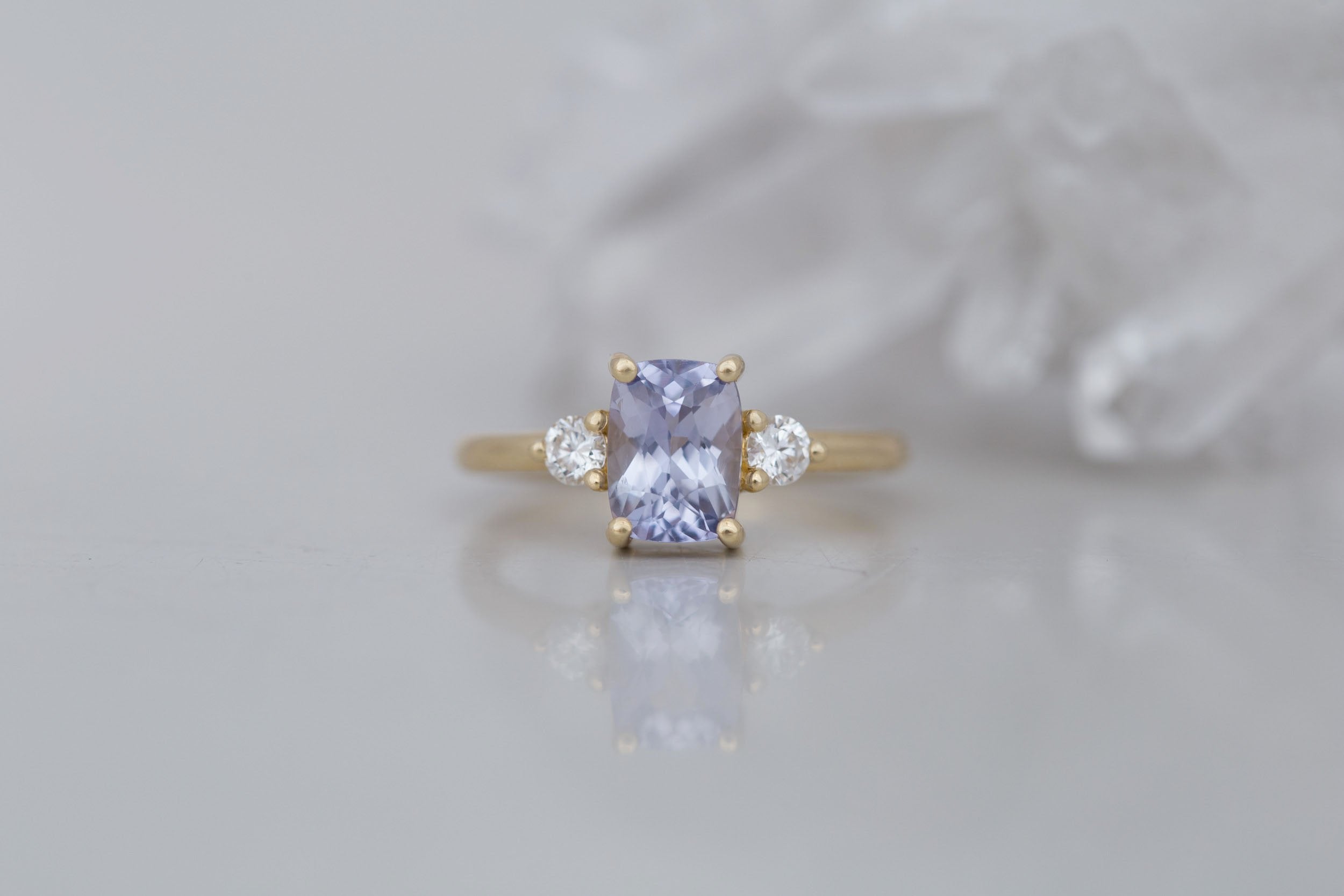 Maeve Ring | Lavender Cushion Sapphire + Round Diamond Accent Engagement Ring 1.75 ct | 14k Recycled Gold | One of a Kind