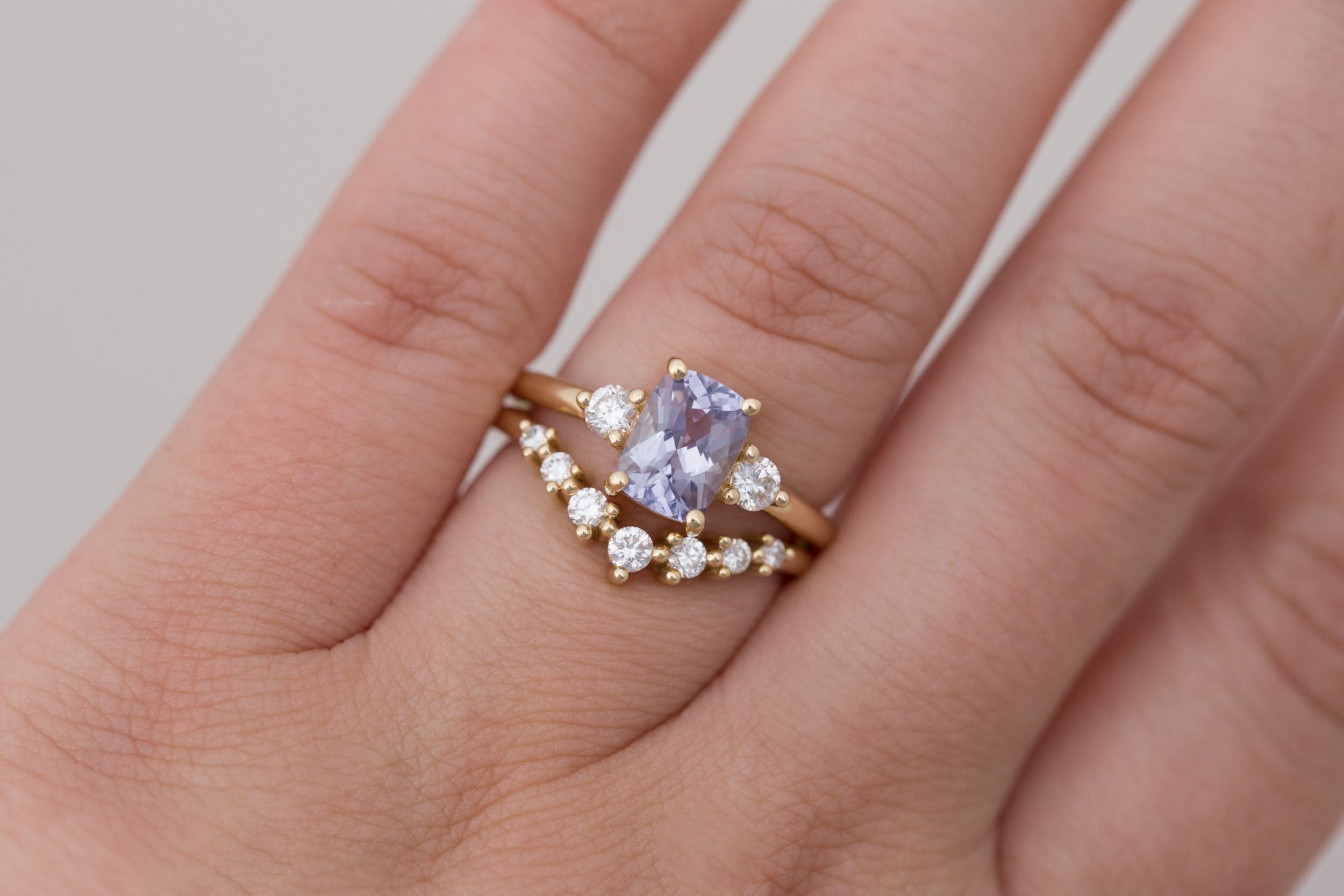 Maeve Ring | Lavender Cushion Sapphire + Round Diamond Accent Engagement Ring 1.75 ct | 14k Recycled Gold | One of a Kind