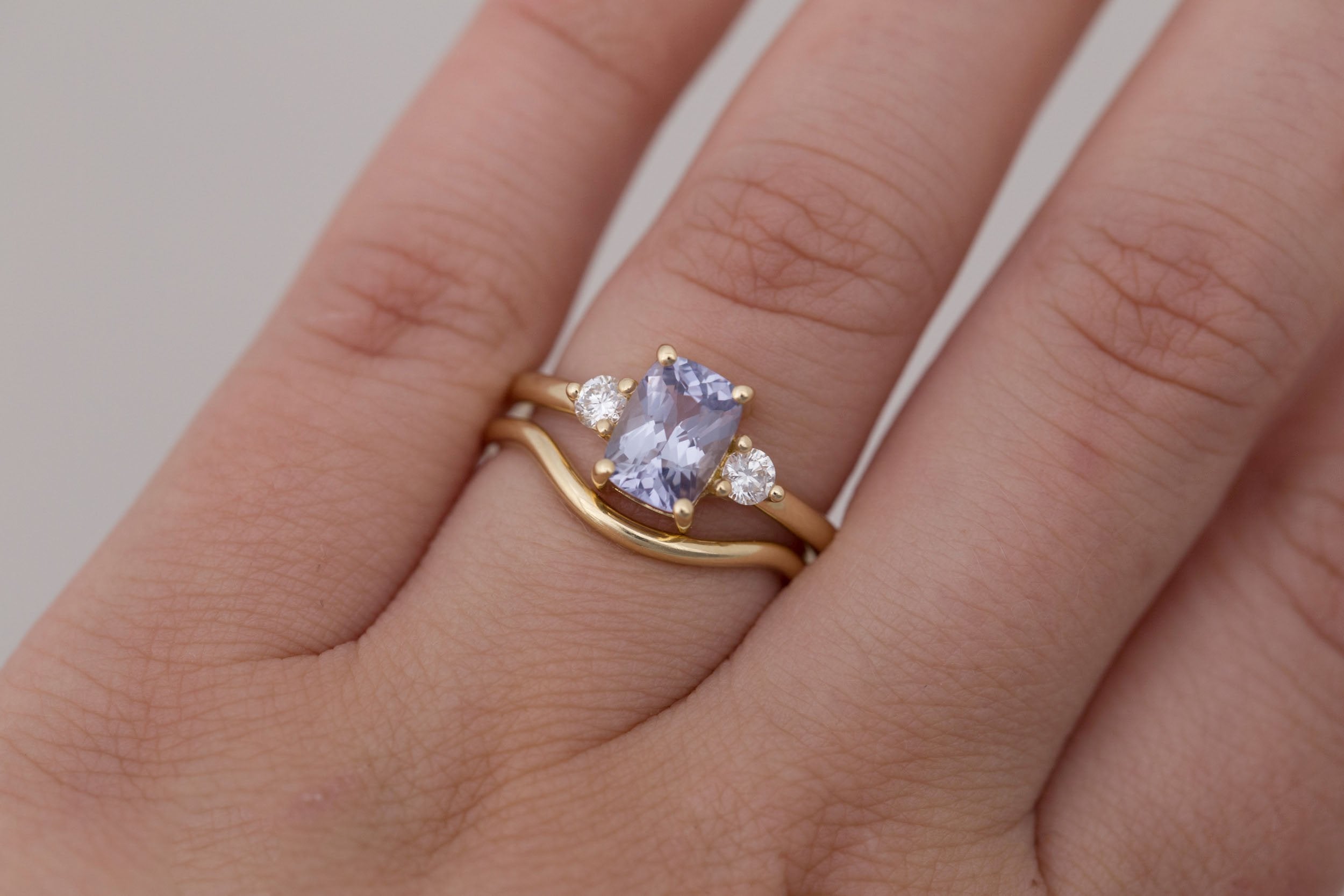 Maeve Ring | Lavender Cushion Sapphire + Round Diamond Accent Engagement Ring 1.75 ct | 14k Recycled Gold | One of a Kind
