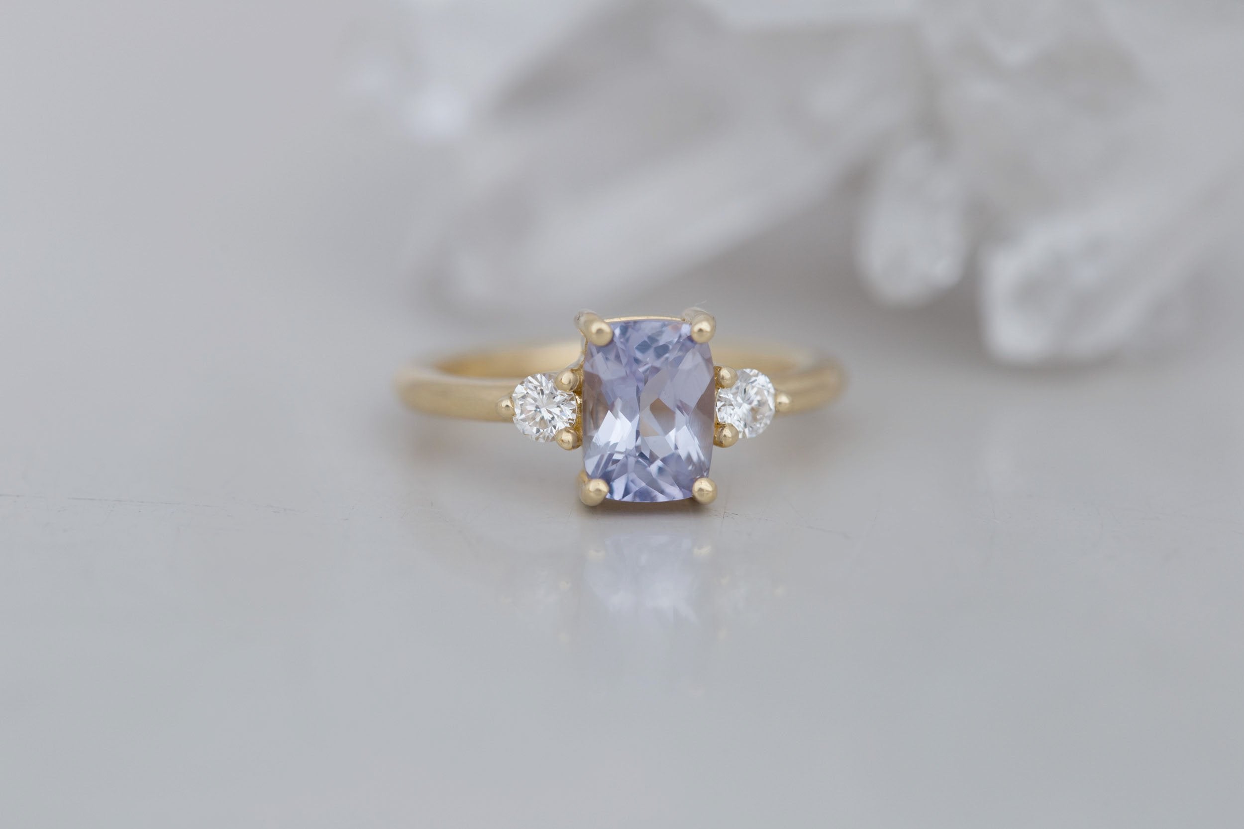 Maeve Ring | Lavender Cushion Sapphire + Round Diamond Accent Engagement Ring 1.75 ct | 14k Recycled Gold | One of a Kind