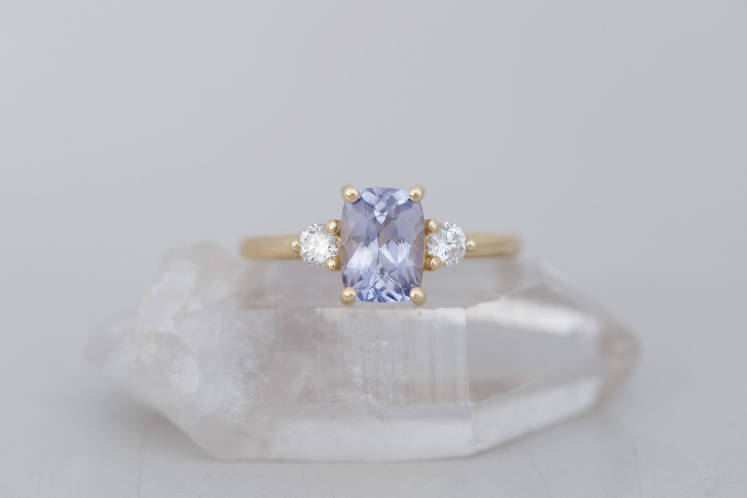 Maeve Ring | Lavender Cushion Sapphire + Round Diamond Accent Engagement Ring 1.75 ct | 14k Recycled Gold | One of a Kind