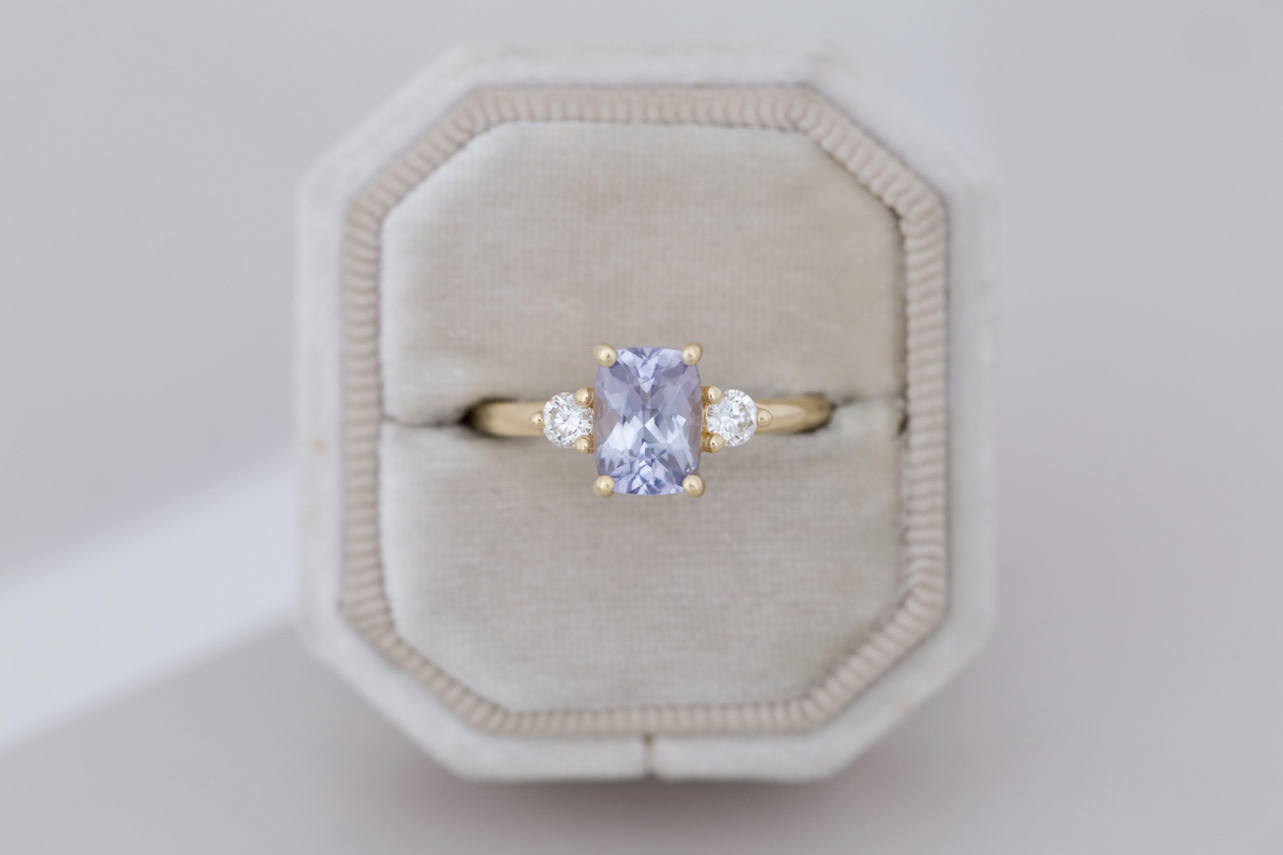 Maeve Ring | Lavender Cushion Sapphire + Round Diamond Accent Engagement Ring 1.75 ct | 14k Recycled Gold | One of a Kind
