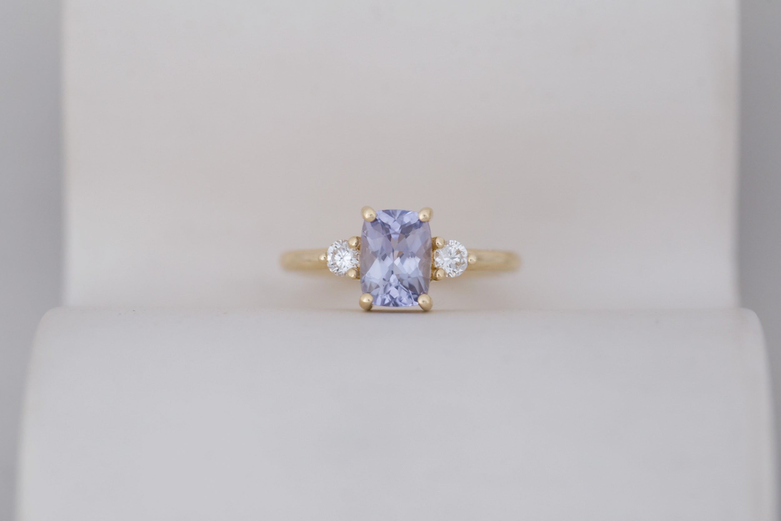 Maeve Ring | Lavender Cushion Sapphire + Round Diamond Accent Engagement Ring 1.75 ct | 14k Recycled Gold | One of a Kind