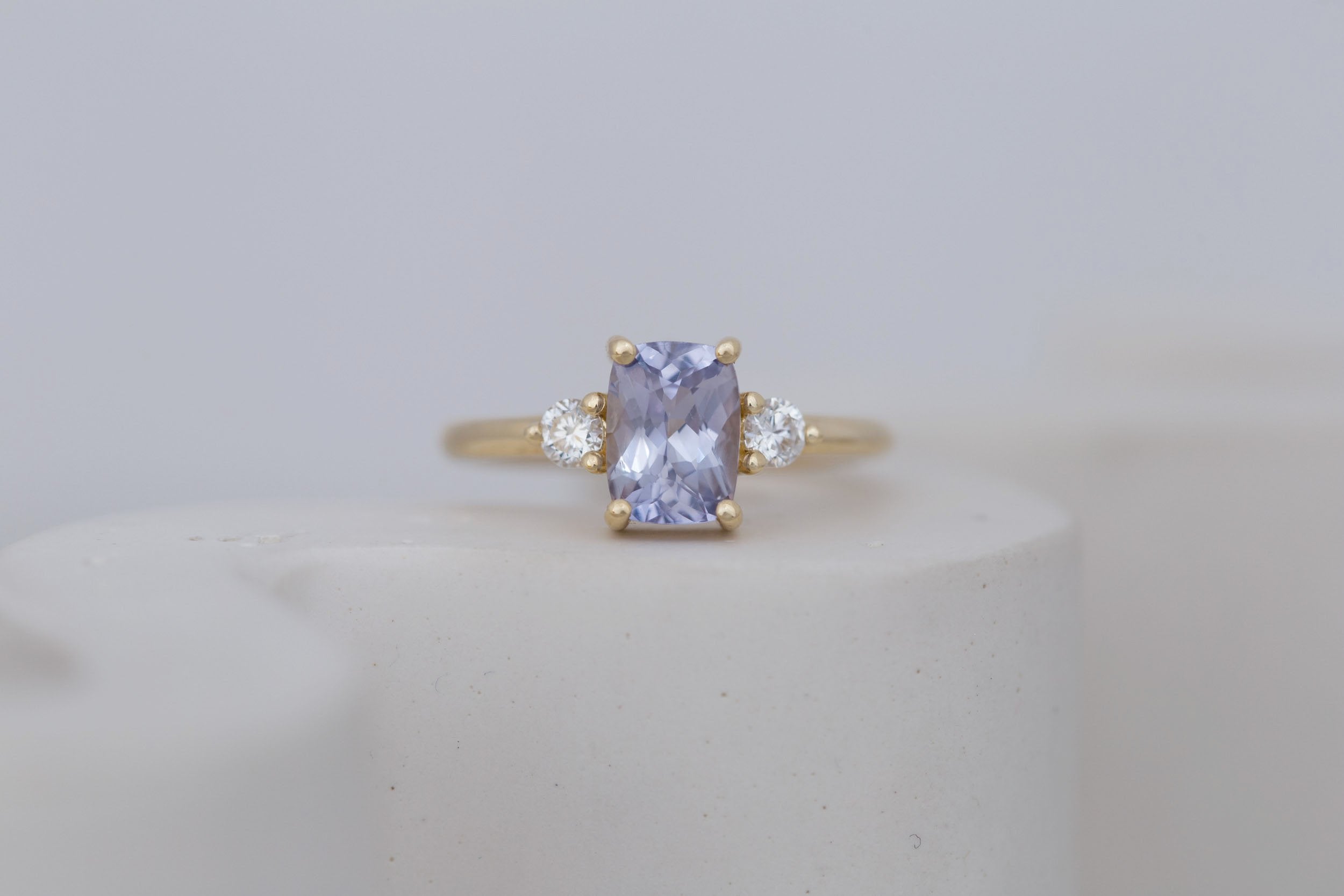Maeve Ring | Lavender Cushion Sapphire + Round Diamond Accent Engagement Ring 1.75 ct | 14k Recycled Gold | One of a Kind
