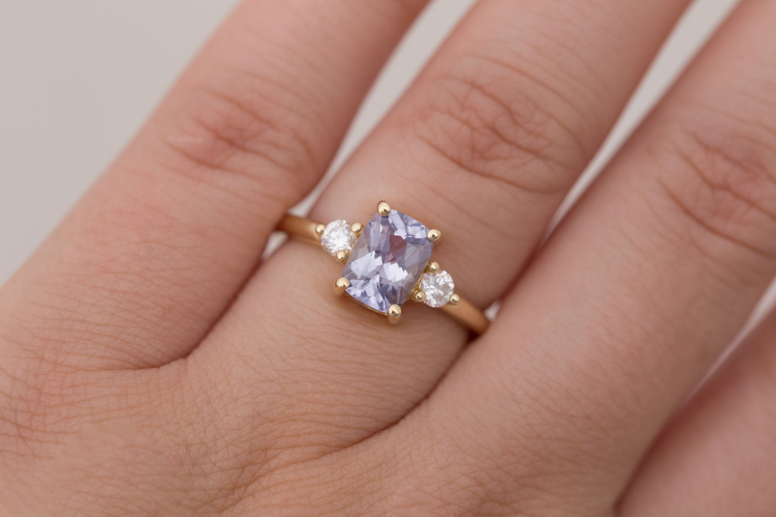 Maeve Ring | Lavender Cushion Sapphire + Round Diamond Accent Engagement Ring 1.75 ct | 14k Recycled Gold | One of a Kind