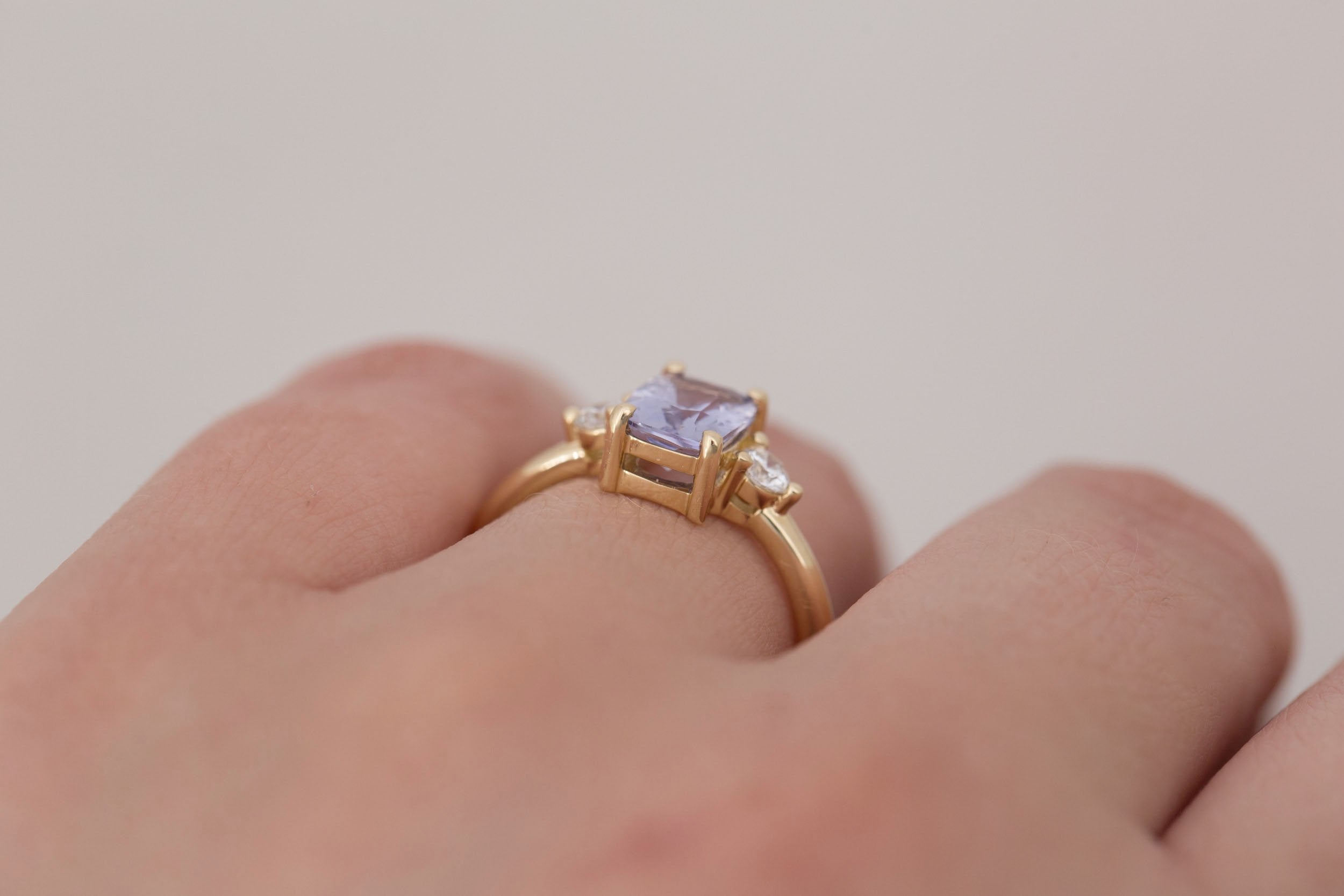 Maeve Ring | Lavender Cushion Sapphire + Round Diamond Accent Engagement Ring 1.75 ct | 14k Recycled Gold | One of a Kind