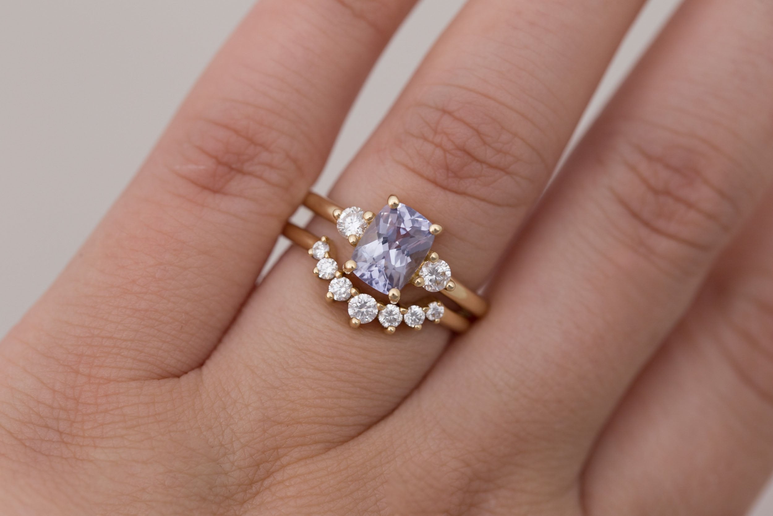 Maeve Ring | Lavender Cushion Sapphire + Round Diamond Accent Engagement Ring 1.75 ct | 14k Recycled Gold | One of a Kind
