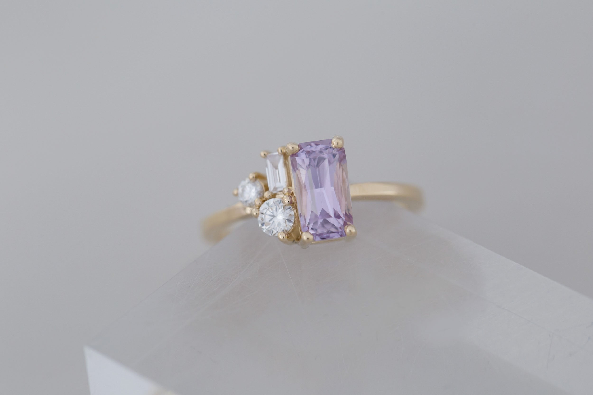 Emory Ring | Lavender Sapphire + Baguette and Round Diamond Cluster Engagement Ring 1.75 ct | 14k Recycled Gold | One of a Kind