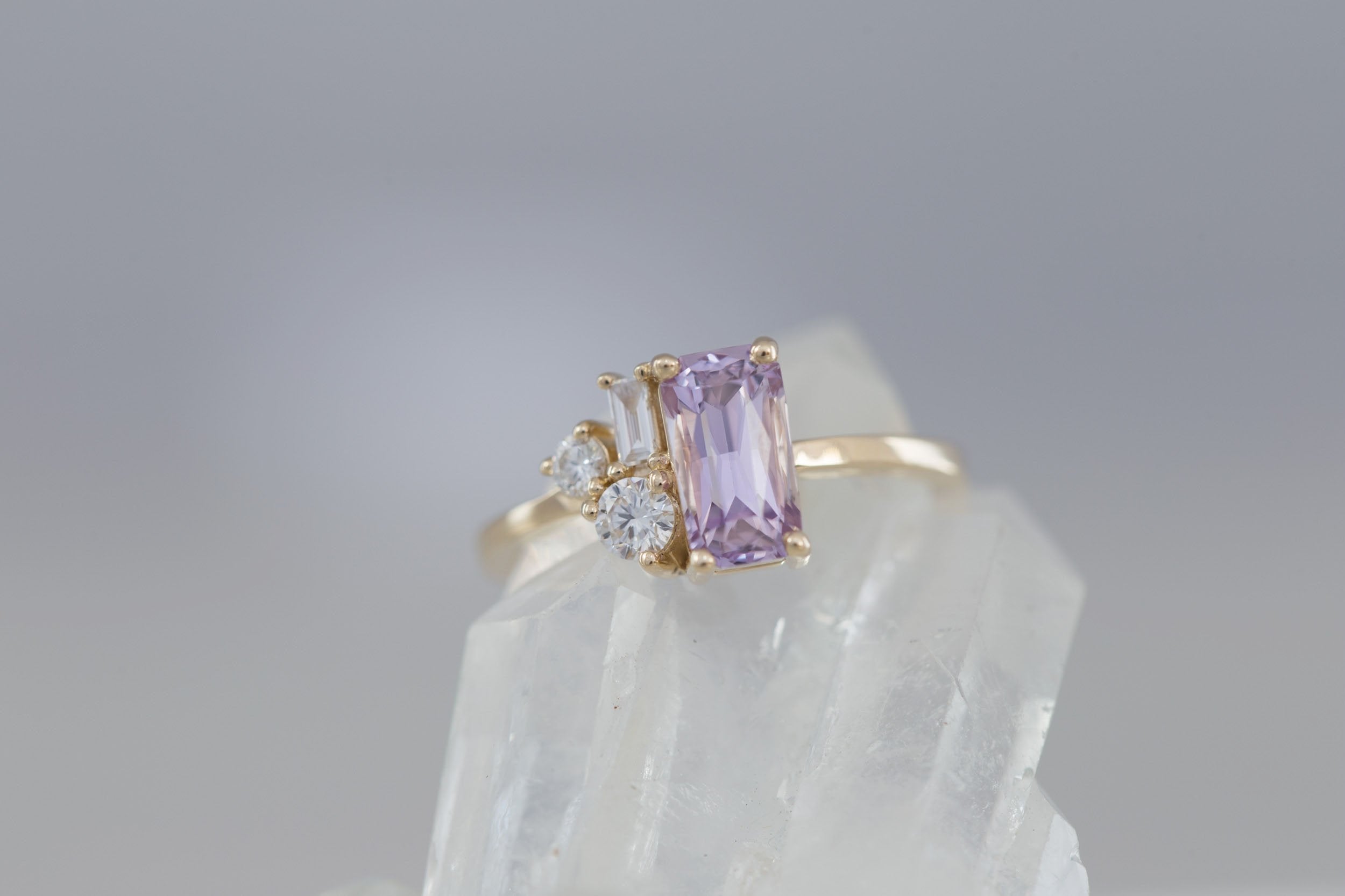 Emory Ring | Lavender Sapphire + Baguette and Round Diamond Cluster Engagement Ring 1.75 ct | 14k Recycled Gold | One of a Kind