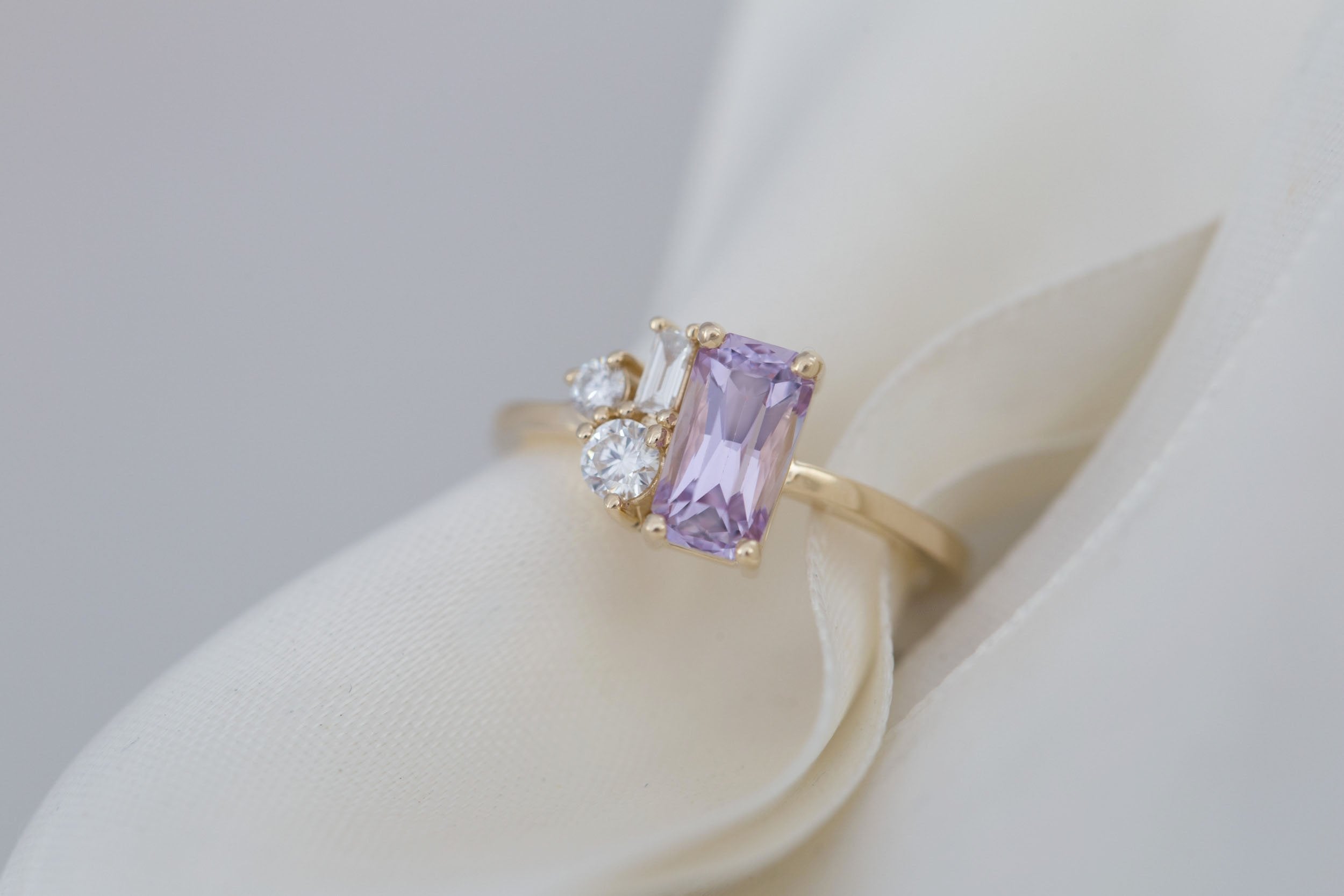 Emory Ring | Lavender Sapphire + Baguette and Round Diamond Cluster Engagement Ring 1.75 ct | 14k Recycled Gold | One of a Kind