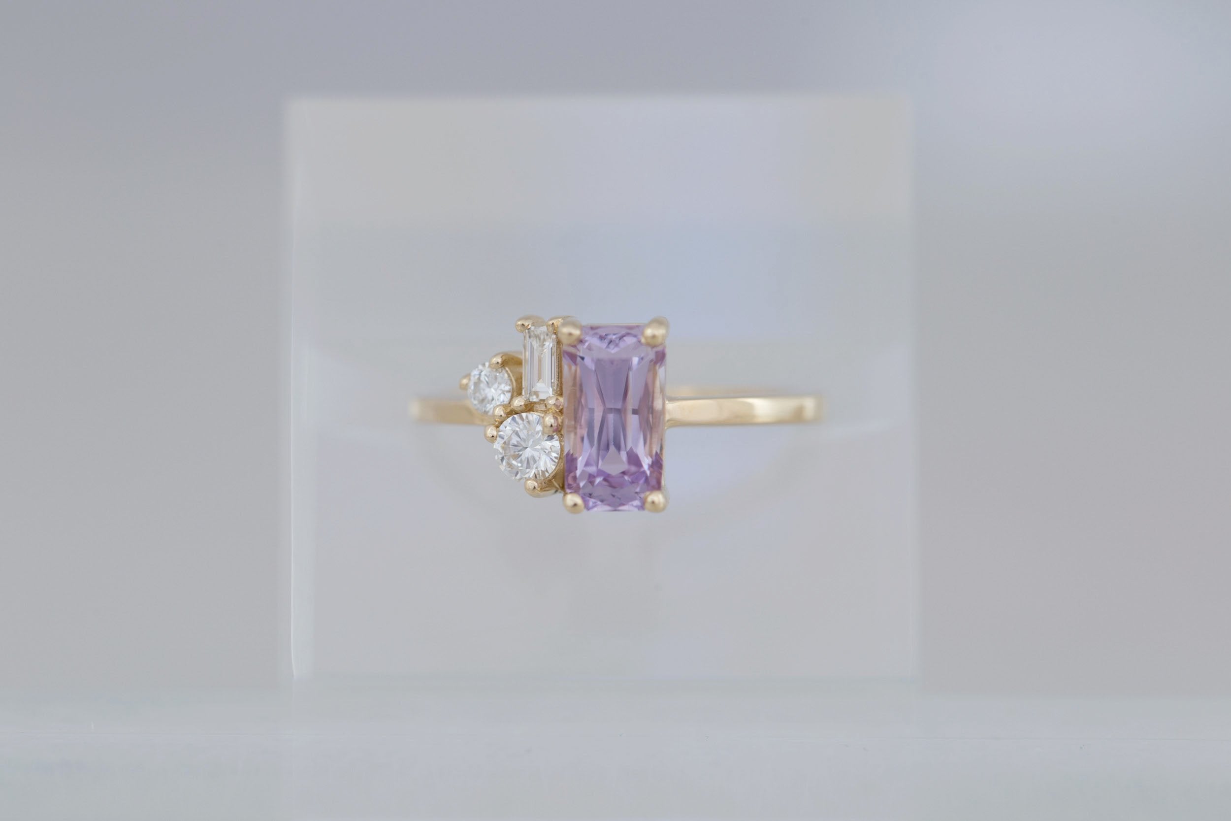 Emory Ring | Lavender Sapphire + Baguette and Round Diamond Cluster Engagement Ring 1.75 ct | 14k Recycled Gold | One of a Kind