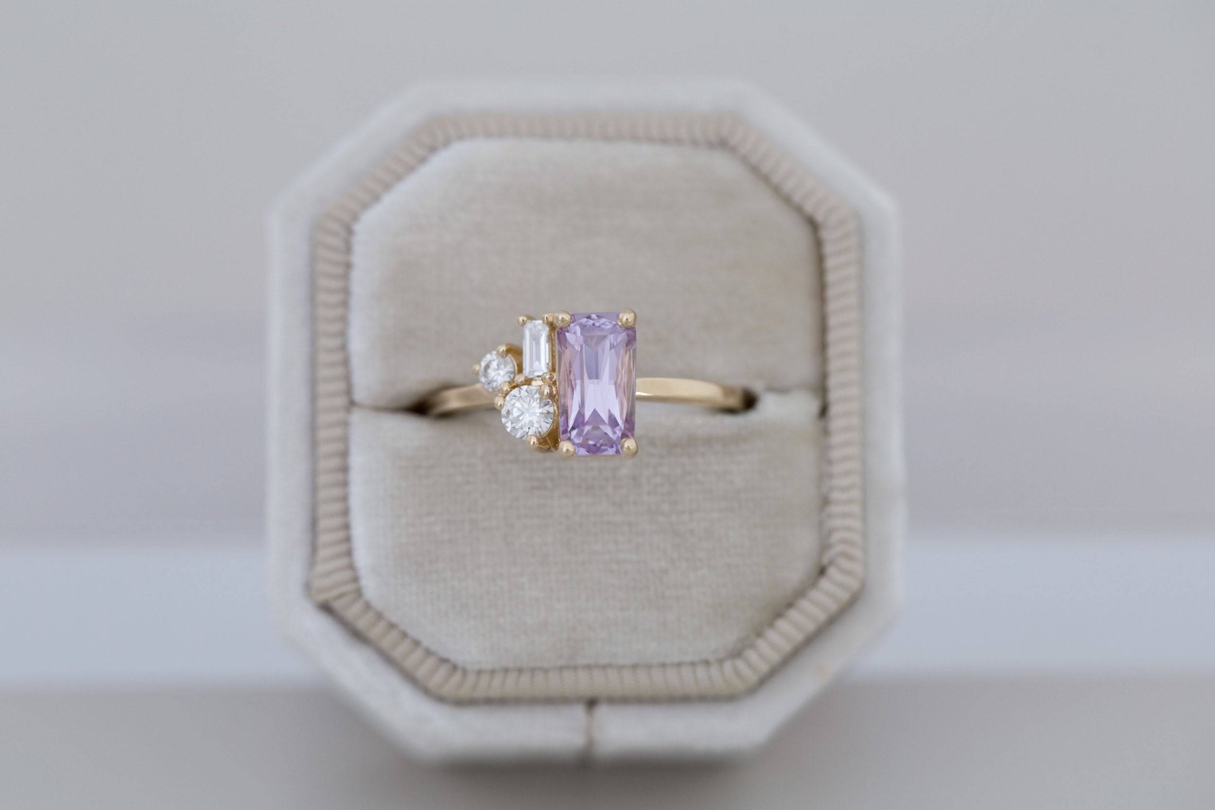 Emory Ring | Lavender Sapphire + Baguette and Round Diamond Cluster Engagement Ring 1.75 ct | 14k Recycled Gold | One of a Kind