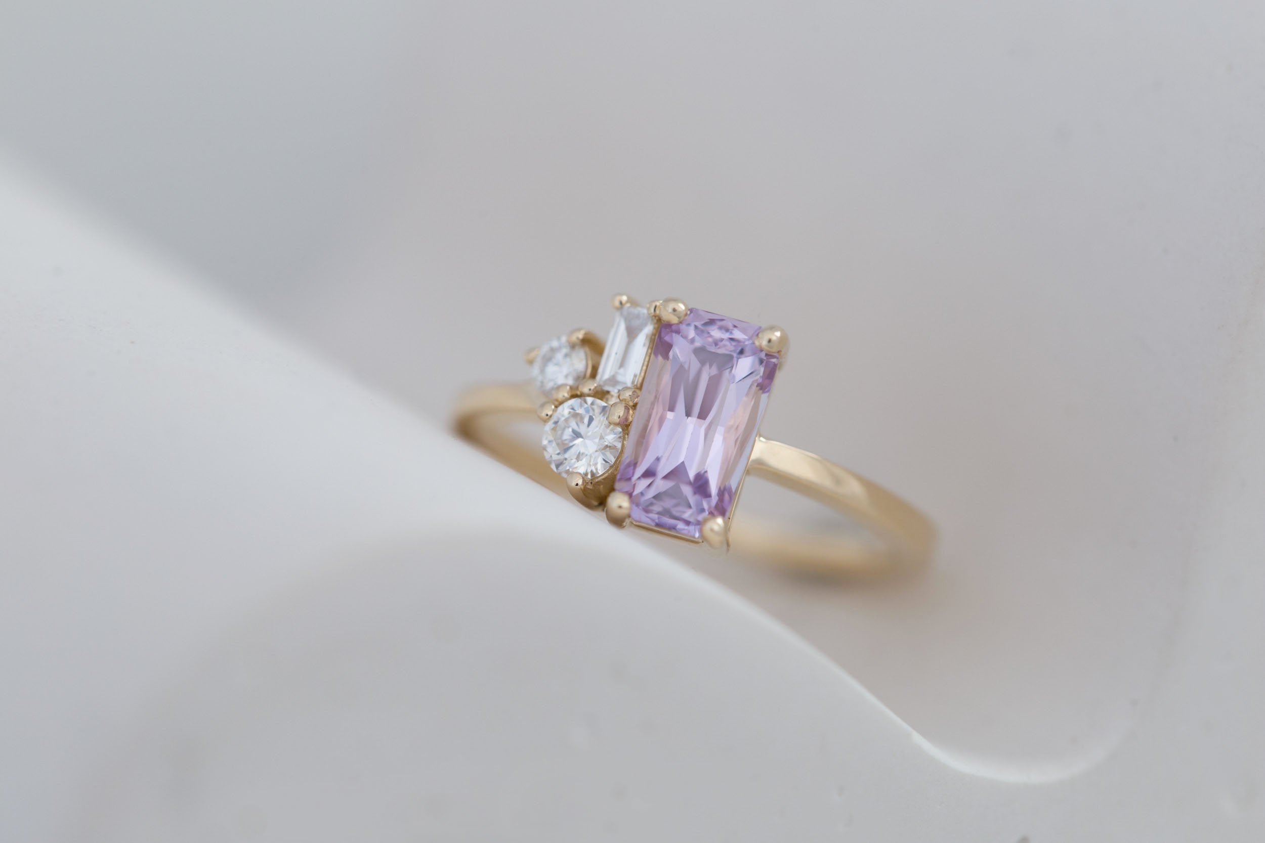 Emory Ring | Lavender Sapphire + Baguette and Round Diamond Cluster Engagement Ring 1.75 ct | 14k Recycled Gold | One of a Kind