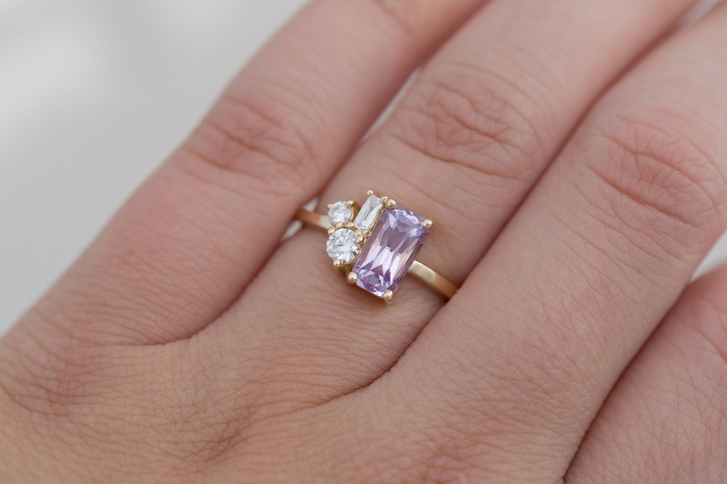 Emory Ring | Lavender Sapphire + Baguette and Round Diamond Cluster Engagement Ring 1.75 ct | 14k Recycled Gold | One of a Kind