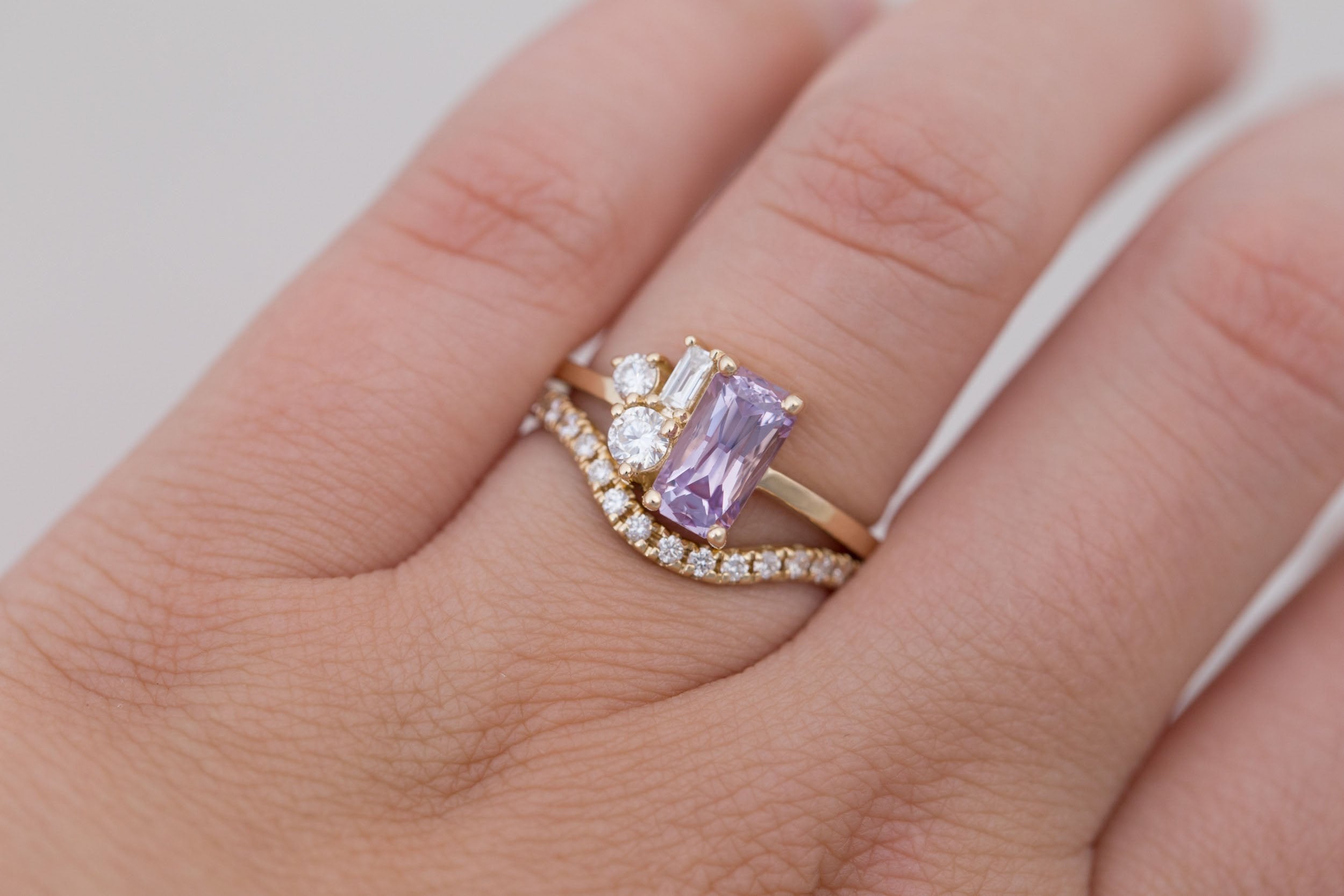 Emory Ring | Lavender Sapphire + Baguette and Round Diamond Cluster Engagement Ring 1.75 ct | 14k Recycled Gold | One of a Kind