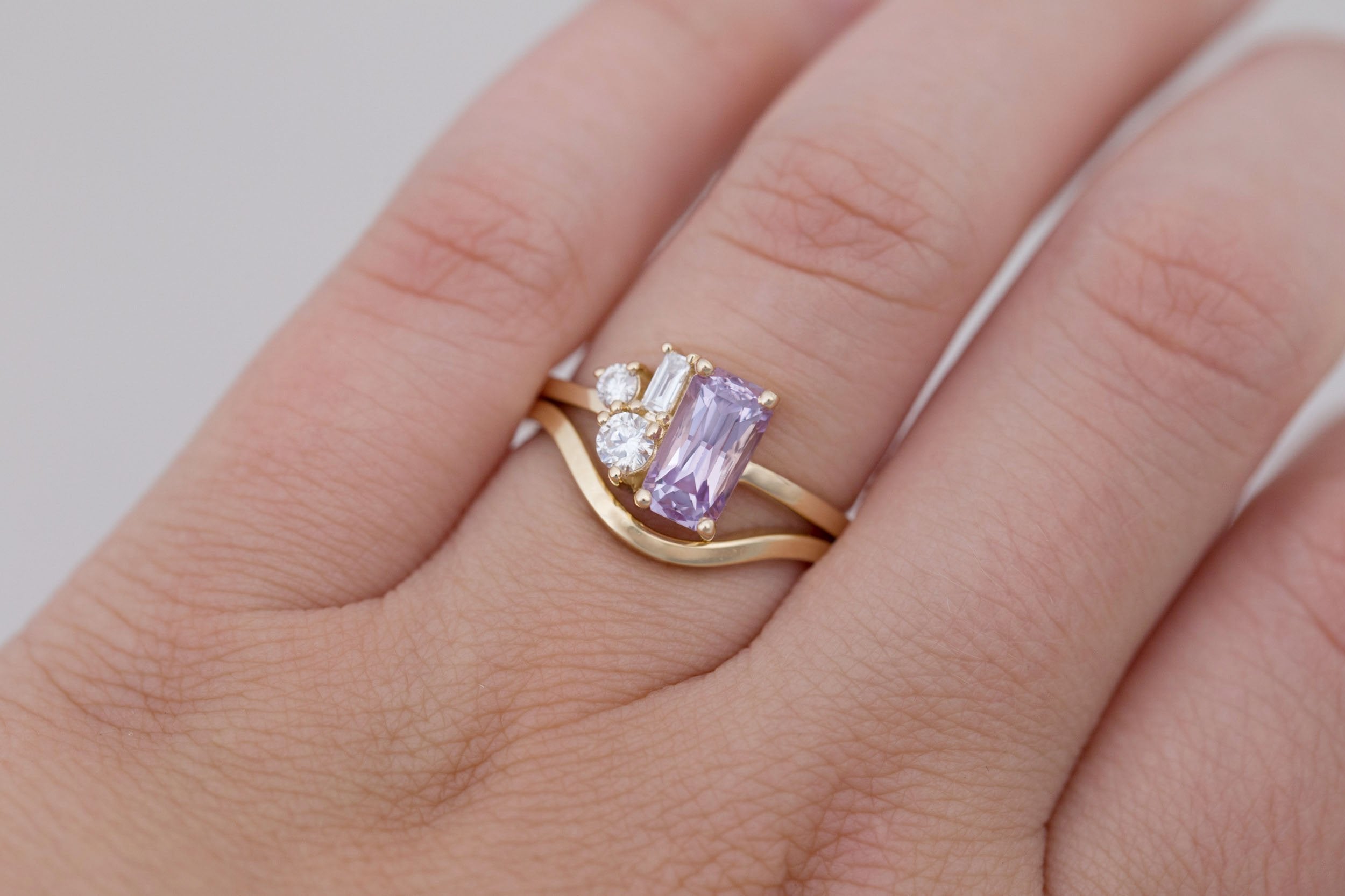 Emory Ring | Lavender Sapphire + Baguette and Round Diamond Cluster Engagement Ring 1.75 ct | 14k Recycled Gold | One of a Kind