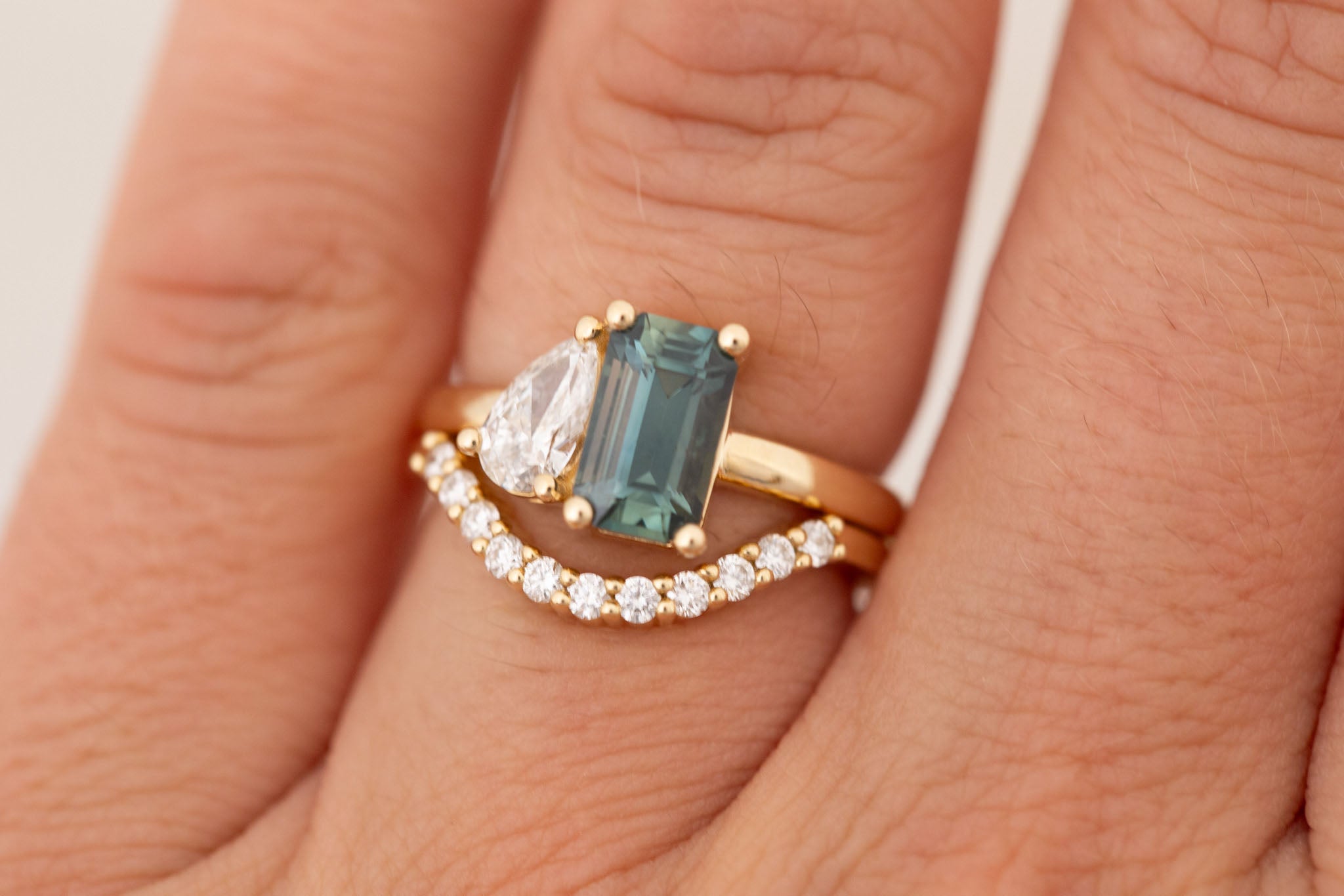 Liana Ring | Teal Emerald Cut Sapphire + Pear Cut Diamond Engagement Ring 1.75 ct | 14k Recycled Gold | One of a Kind