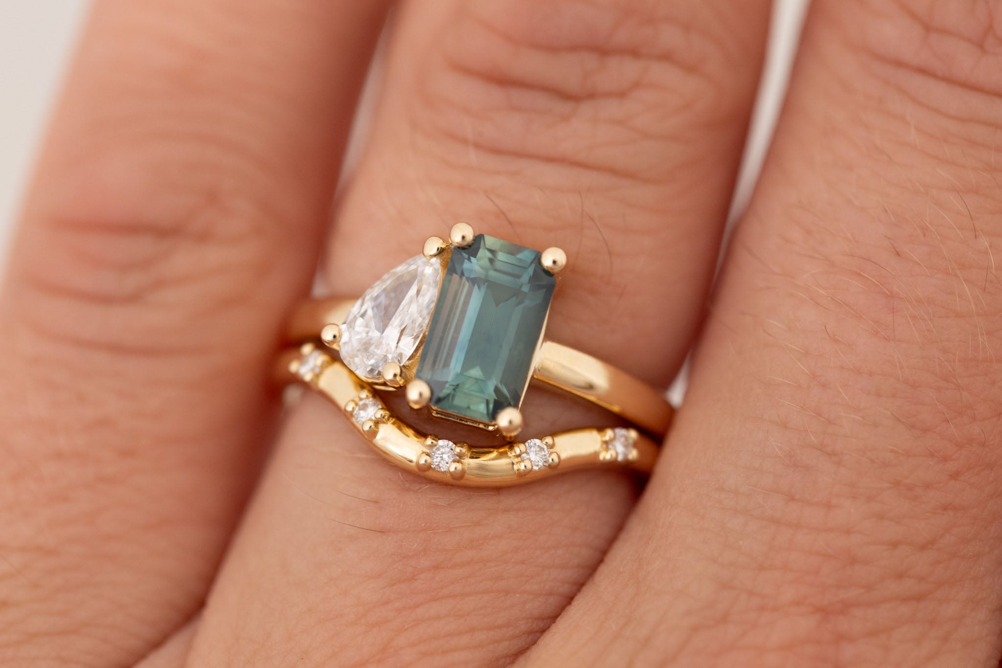 Liana Ring | Teal Emerald Cut Sapphire + Pear Cut Diamond Engagement Ring 1.75 ct | 14k Recycled Gold | One of a Kind