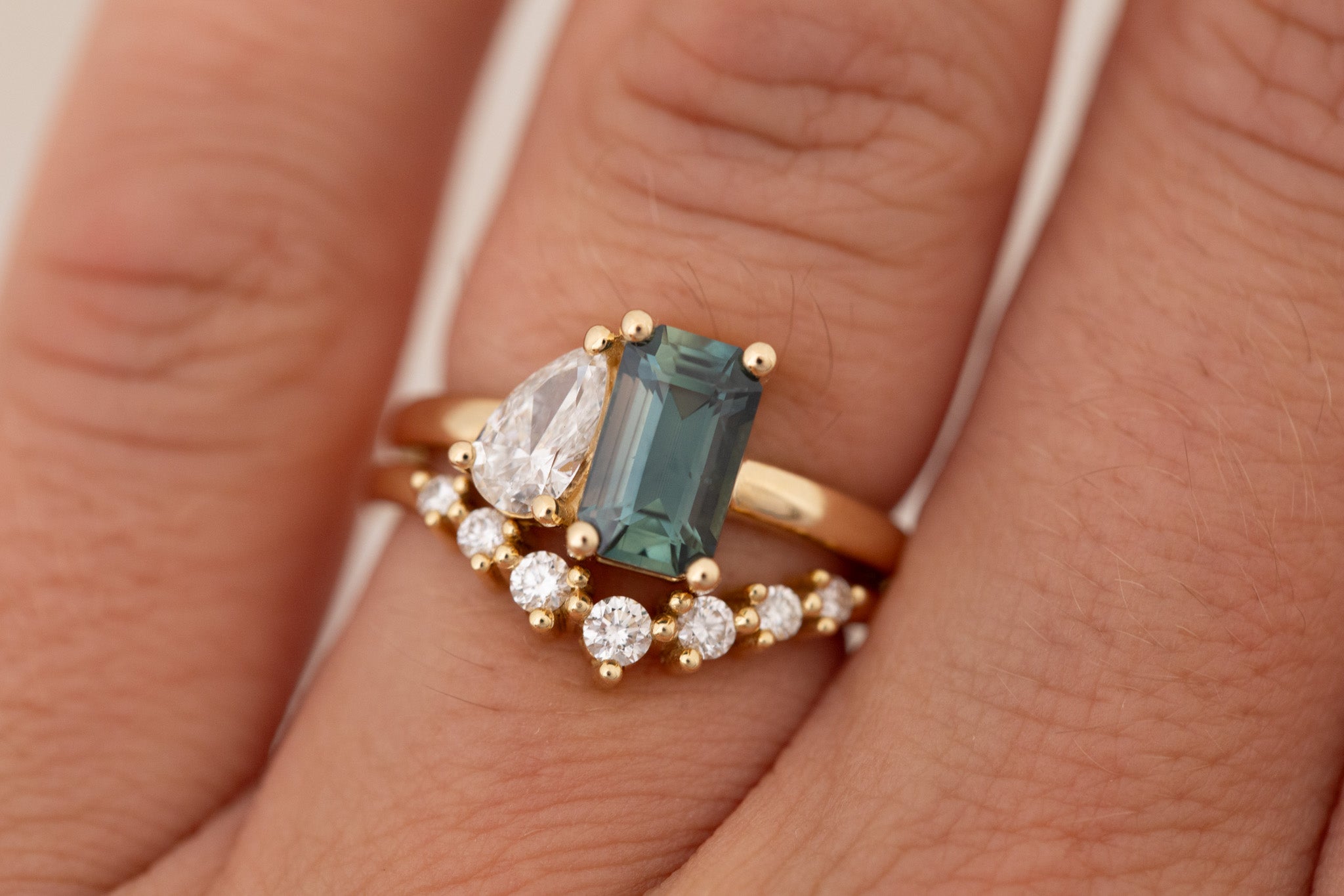Liana Ring | Teal Emerald Cut Sapphire + Pear Cut Diamond Engagement Ring 1.75 ct | 14k Recycled Gold | One of a Kind