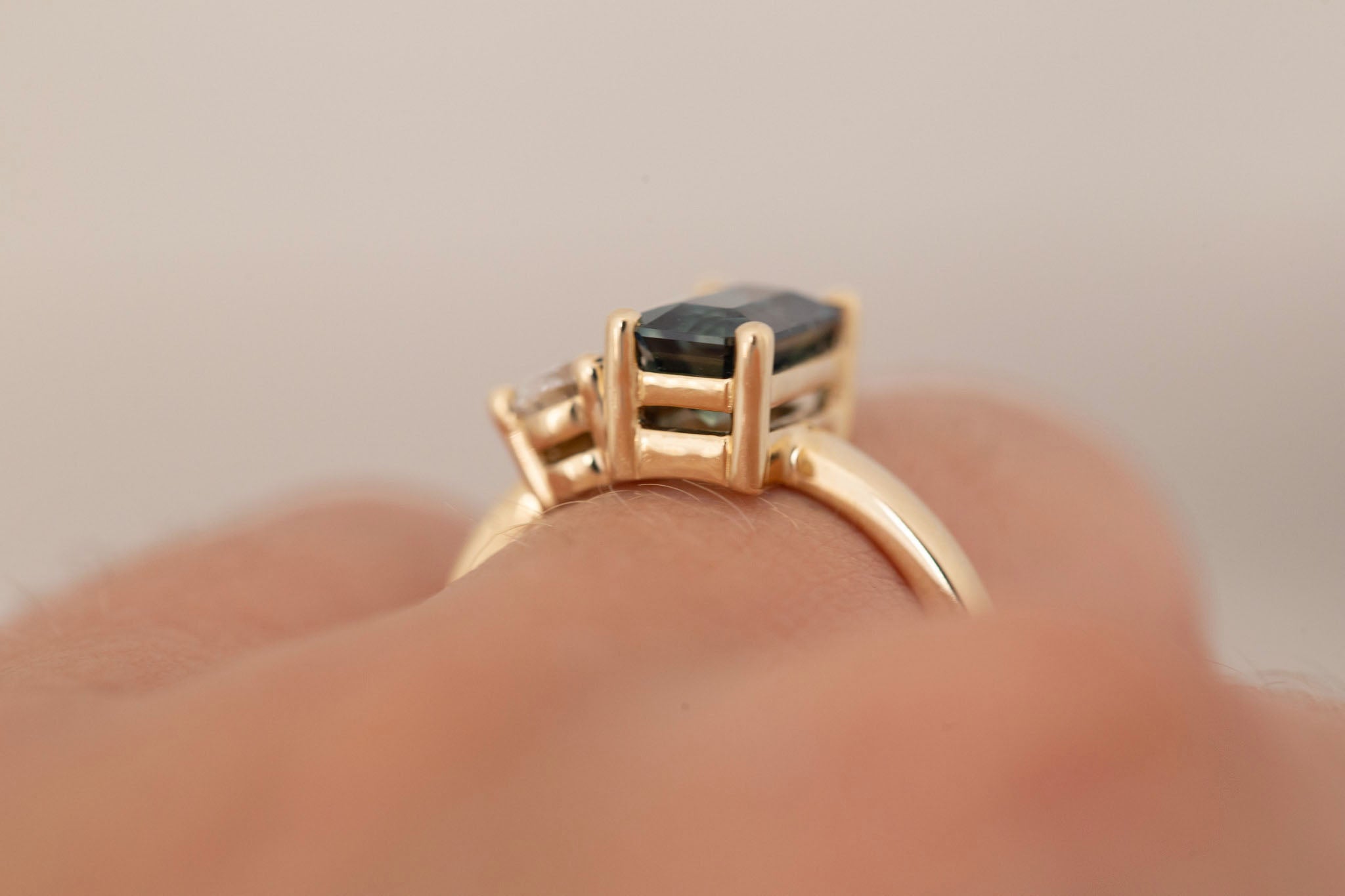 Liana Ring | Teal Emerald Cut Sapphire + Pear Cut Diamond Engagement Ring 1.75 ct | 14k Recycled Gold | One of a Kind