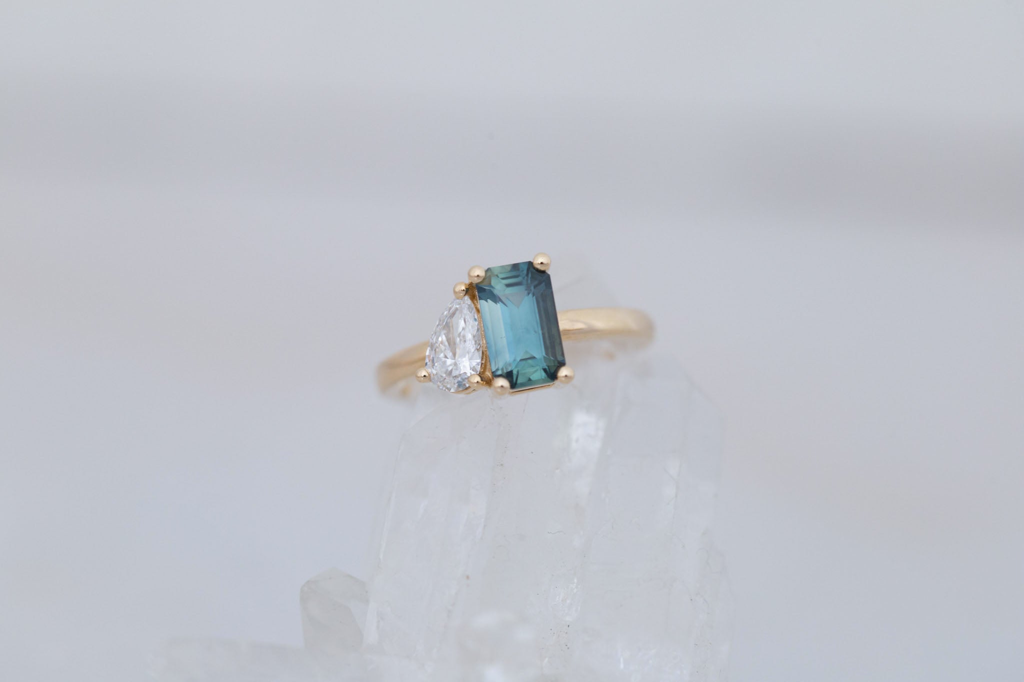 Liana Ring | Teal Emerald Cut Sapphire + Pear Cut Diamond Engagement Ring 1.75 ct | 14k Recycled Gold | One of a Kind