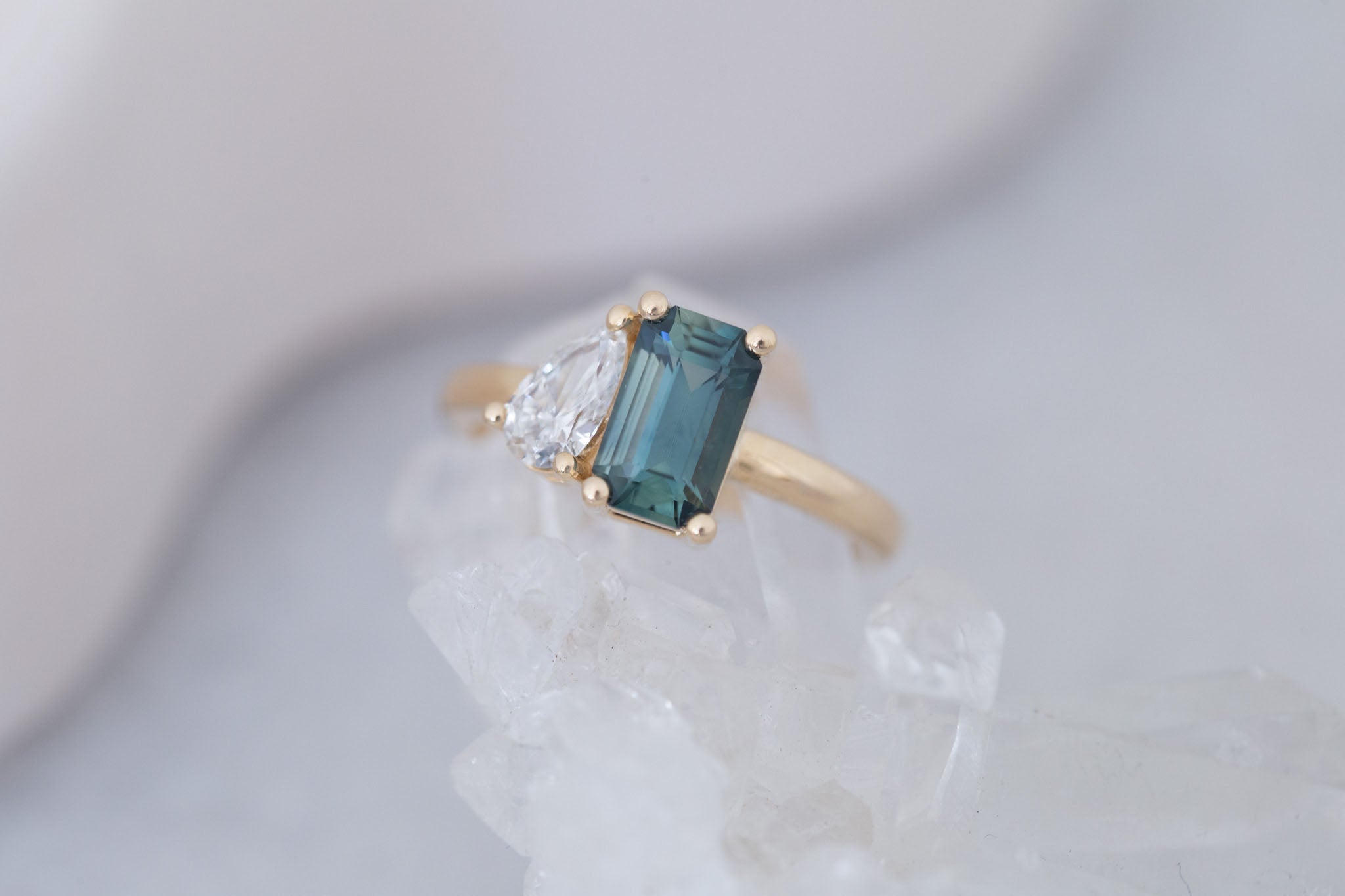 Liana Ring | Teal Emerald Cut Sapphire + Pear Cut Diamond Engagement Ring 1.75 ct | 14k Recycled Gold | One of a Kind