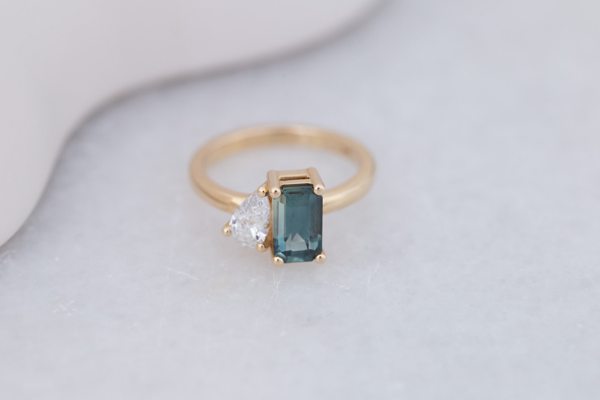 Liana Ring | Teal Emerald Cut Sapphire + Pear Cut Diamond Engagement Ring 1.75 ct | 14k Recycled Gold | One of a Kind