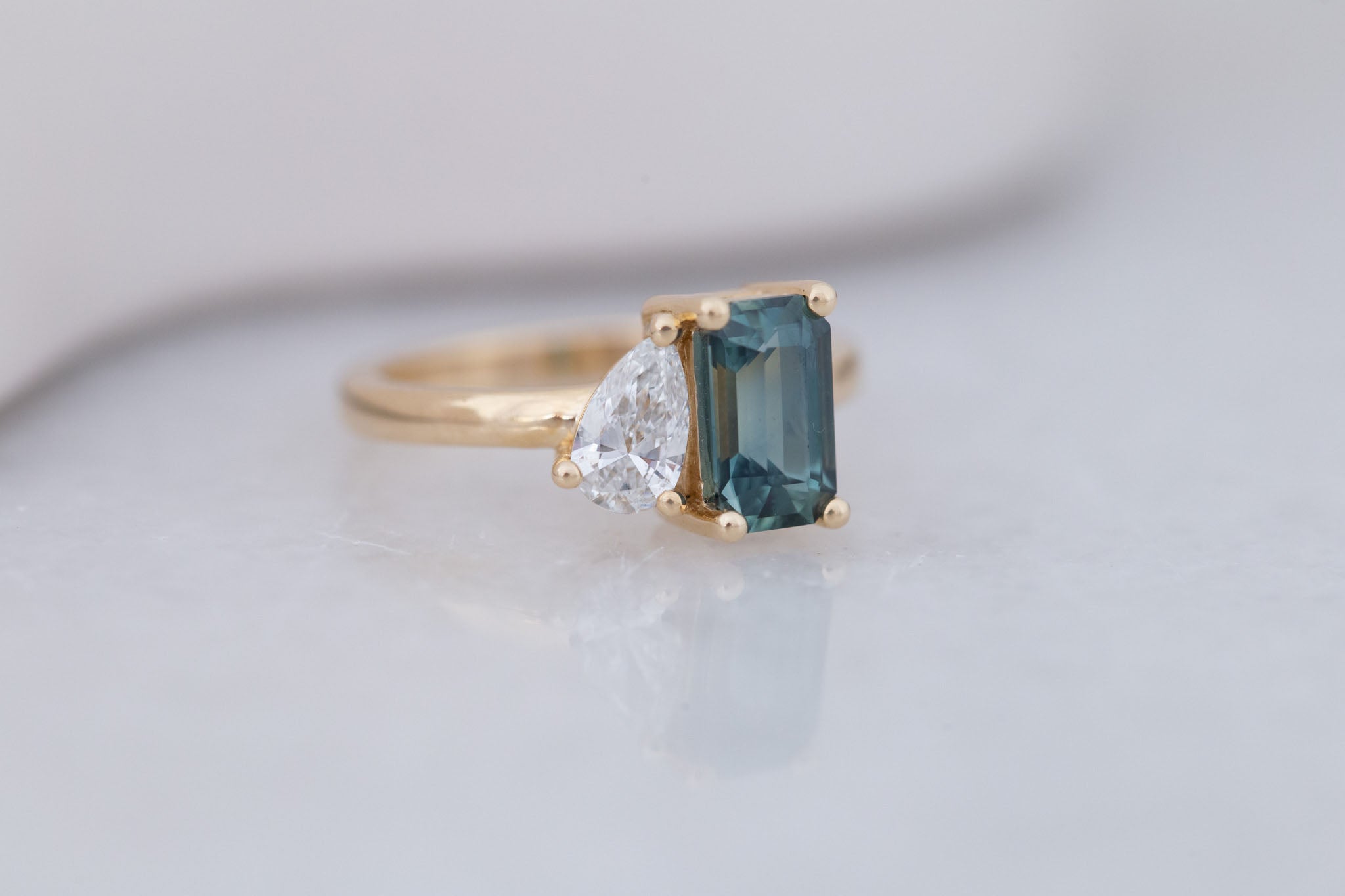 Liana Ring | Teal Emerald Cut Sapphire + Pear Cut Diamond Engagement Ring 1.75 ct | 14k Recycled Gold | One of a Kind