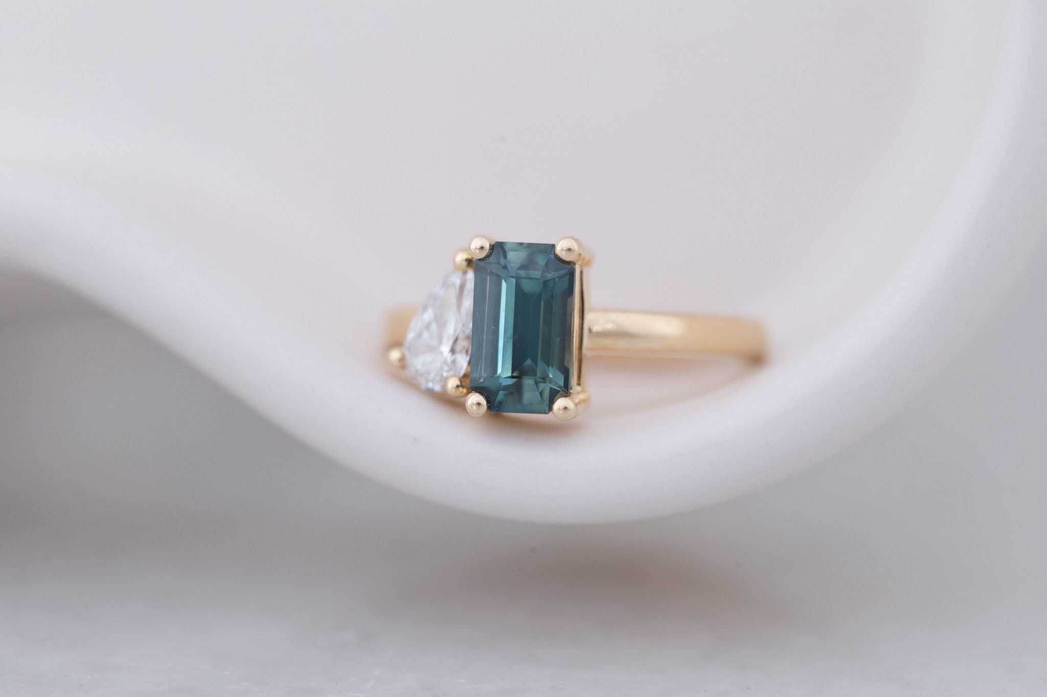 Liana Ring | Teal Emerald Cut Sapphire + Pear Cut Diamond Engagement Ring 1.75 ct | 14k Recycled Gold | One of a Kind