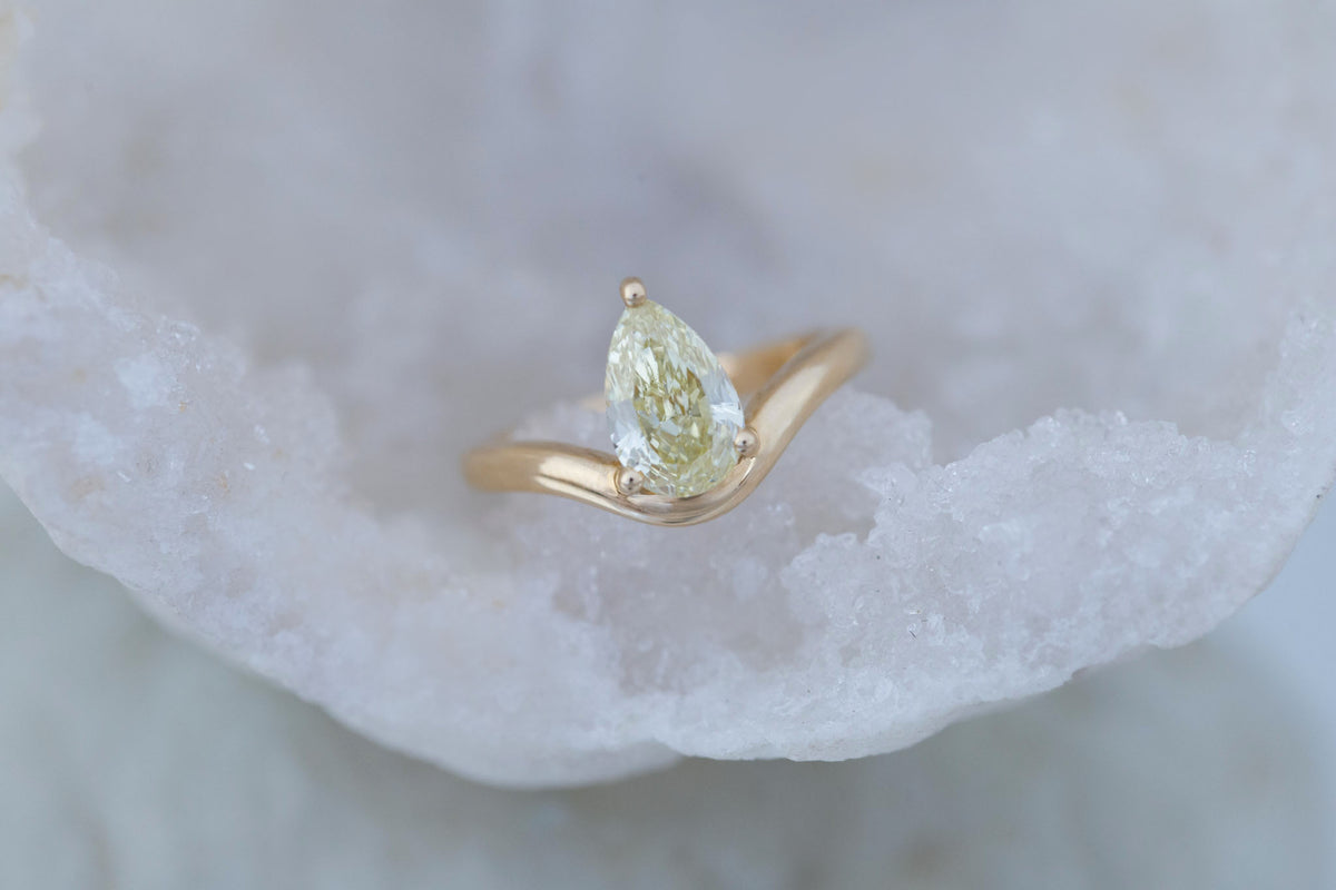 Rhodes Ring | Lab Yellow Pear Diamond + Curved Band Engagement Ring 1.75 ct | 14k Recycled Gold | One of a Kind