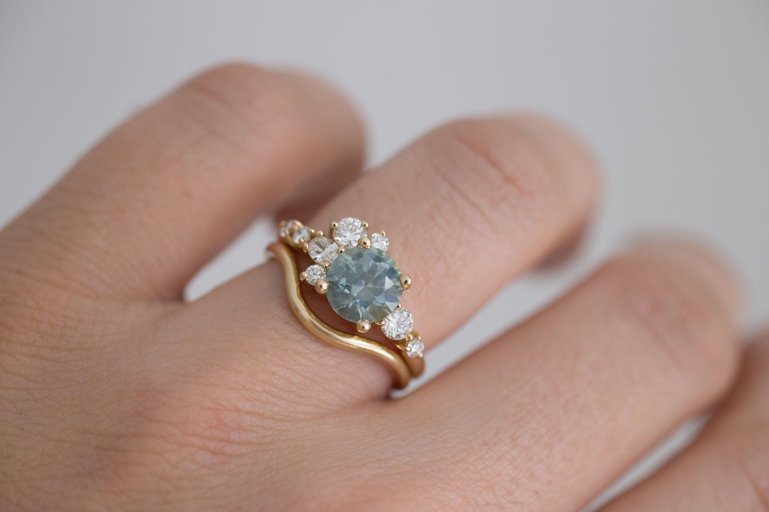 Ilia Ring | Montana Round Sapphire + Diamond Cluster Engagement Ring | 14k Recycled Gold