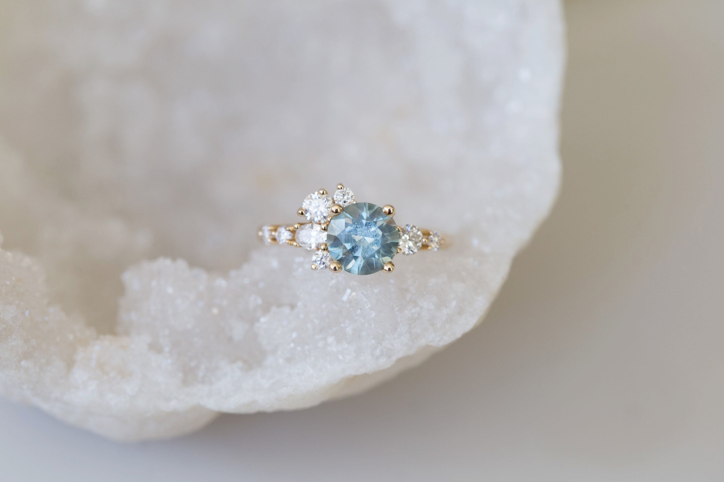 Ilia Ring | Montana Round Sapphire + Diamond Cluster Engagement Ring | 14k Recycled Gold