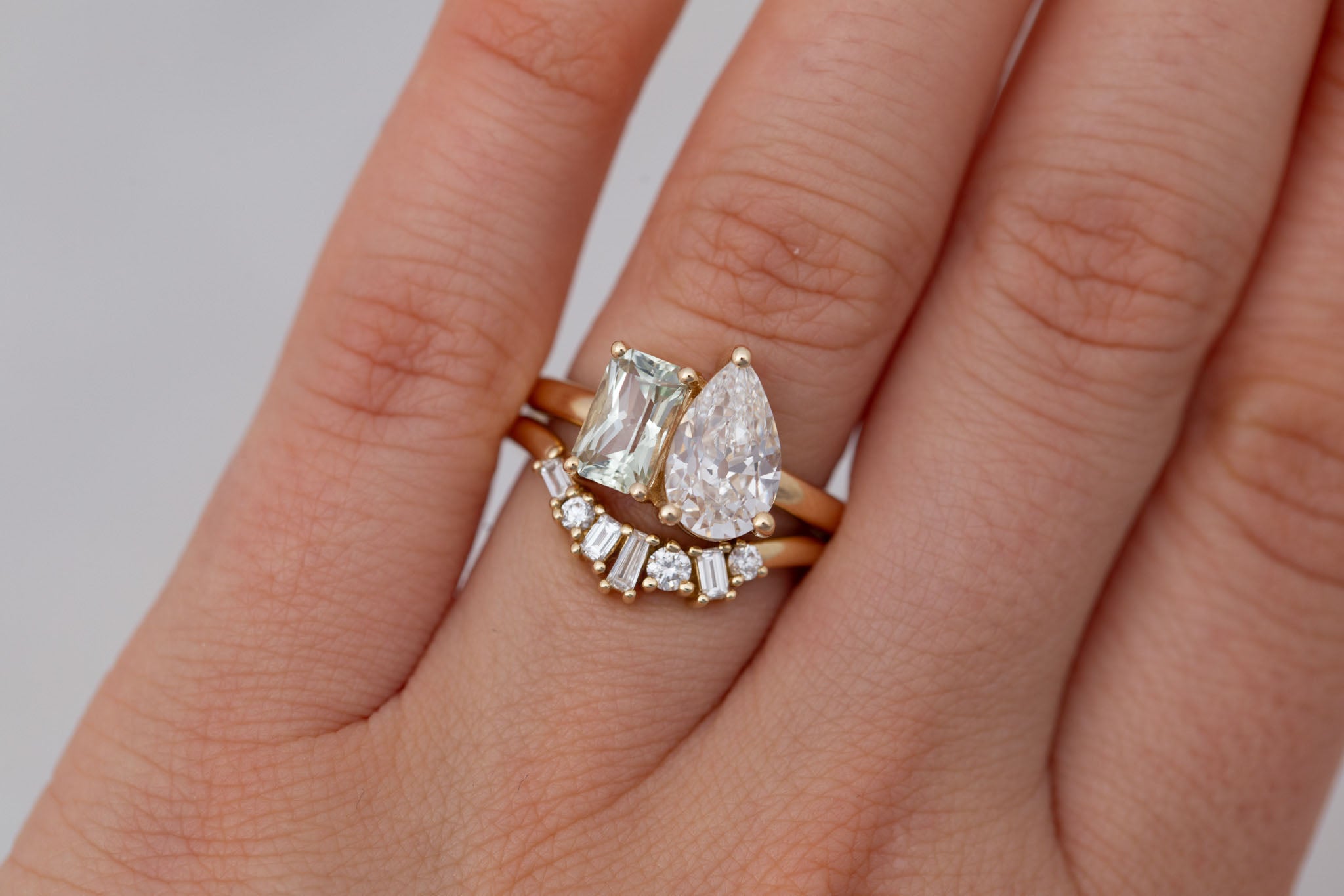 Liana Ring | Lab Pear Cut Diamond + Green Radiant Cut Sapphire Engagement Ring 1.74 ct + 1.32 | 14k Recycled Gold | One of a Kind