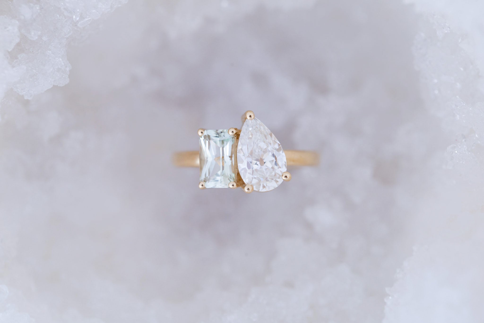 Liana Ring | Lab Pear Cut Diamond + Green Radiant Cut Sapphire Engagement Ring 1.74 ct + 1.32 | 14k Recycled Gold | One of a Kind