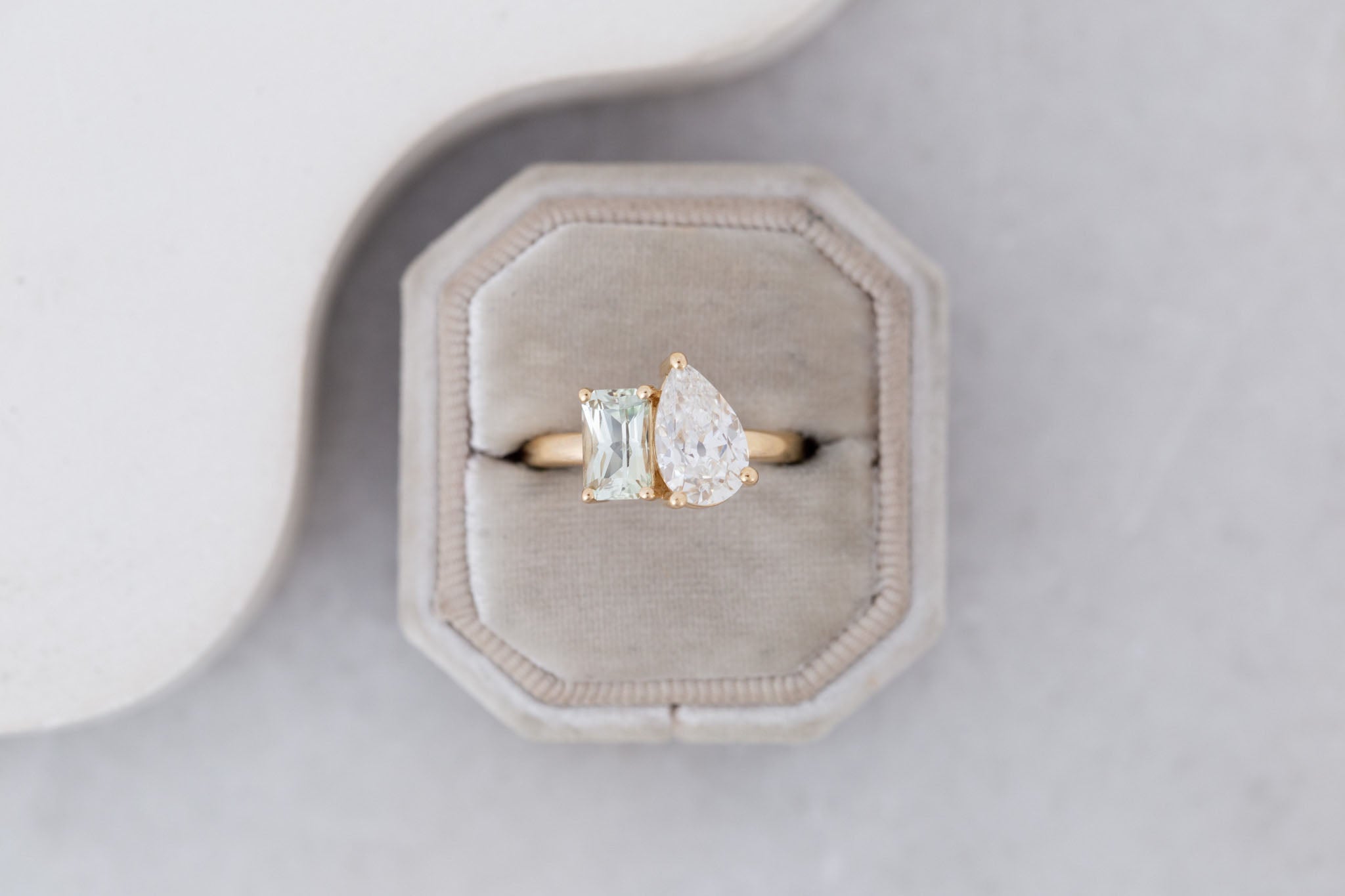 Liana Ring | Lab Pear Cut Diamond + Green Radiant Cut Sapphire Engagement Ring 1.74 ct + 1.32 | 14k Recycled Gold | One of a Kind