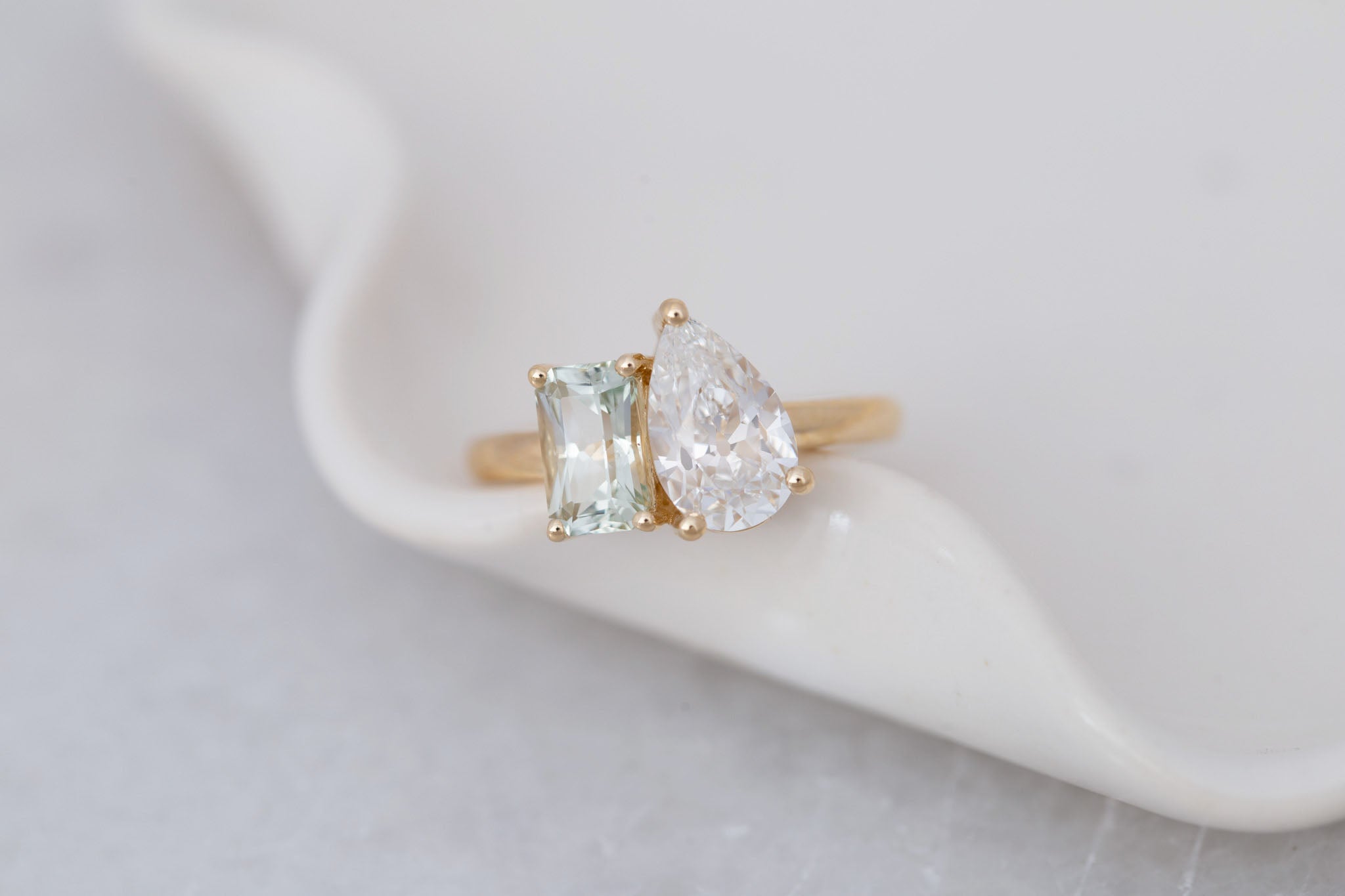 Liana Ring | Lab Pear Cut Diamond + Green Radiant Cut Sapphire Engagement Ring 1.74 ct + 1.32 | 14k Recycled Gold | One of a Kind