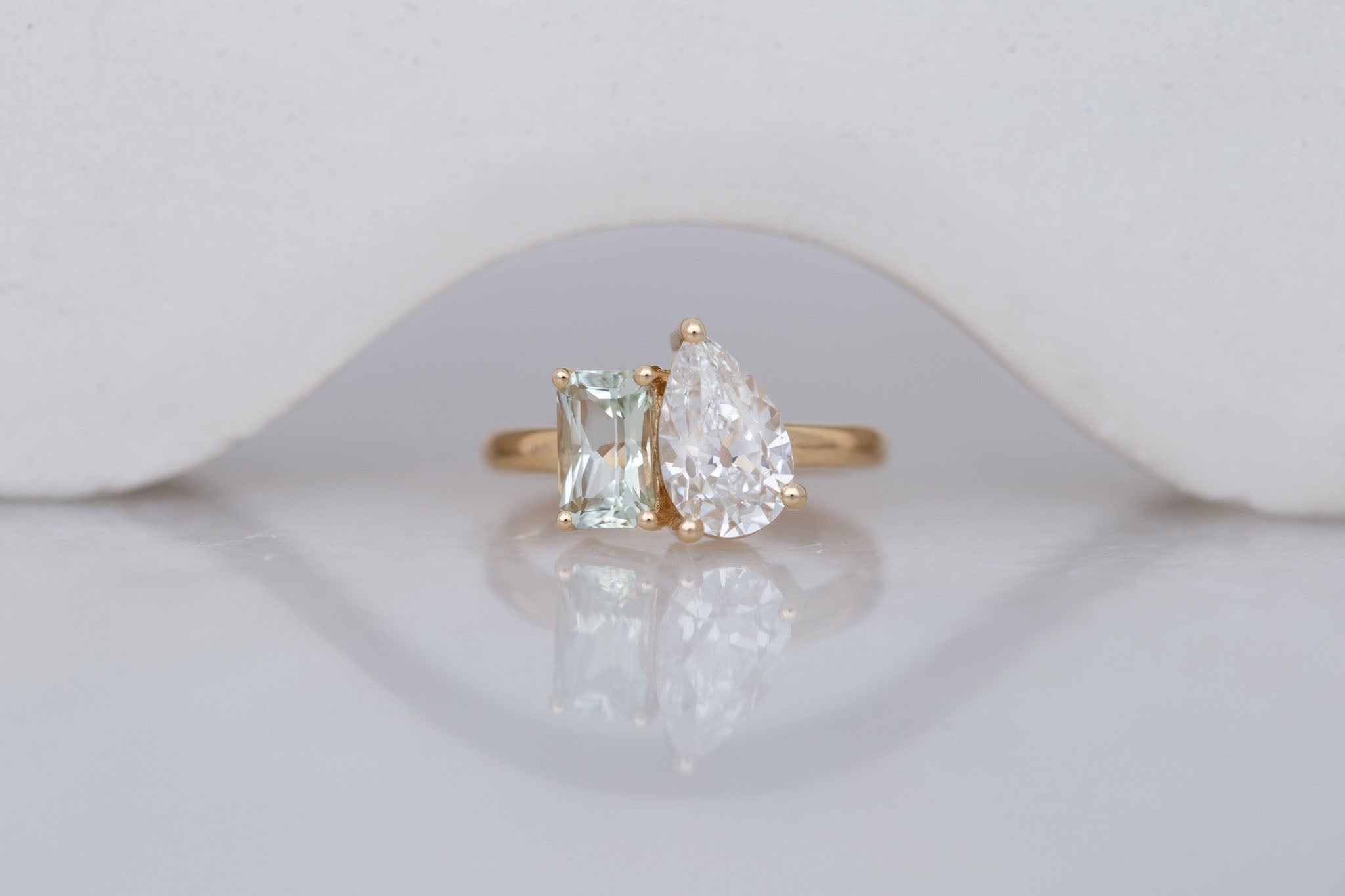 Liana Ring | Lab Pear Cut Diamond + Green Radiant Cut Sapphire Engagement Ring 1.74 ct + 1.32 | 14k Recycled Gold | One of a Kind