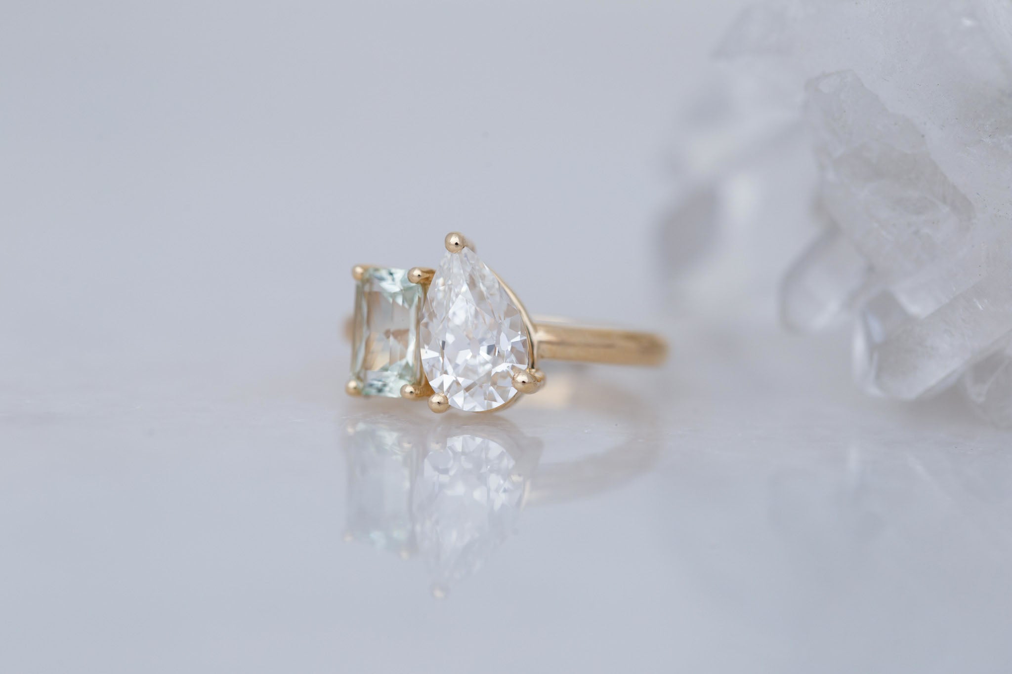 Liana Ring | Lab Pear Cut Diamond + Green Radiant Cut Sapphire Engagement Ring 1.74 ct + 1.32 | 14k Recycled Gold | One of a Kind