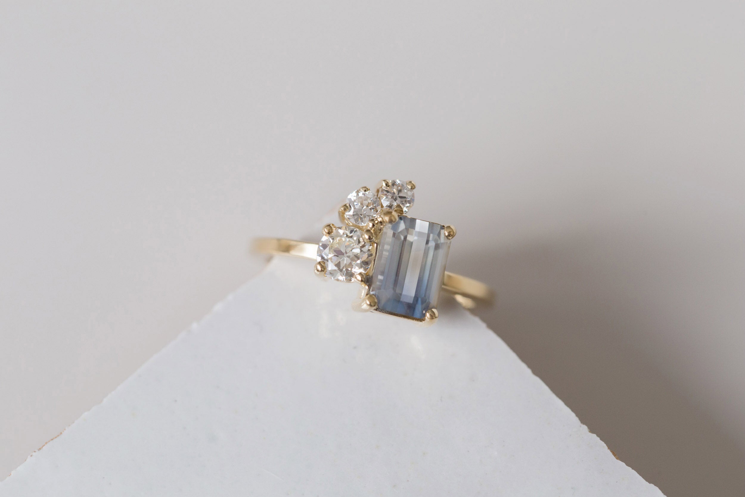 Adra Ring | Bicolor Emerald Cut Sapphire + Old European Cut Diamond Cluster Engagement Ring 1.77 ct | 14k Recycled Gold | One of a Kind