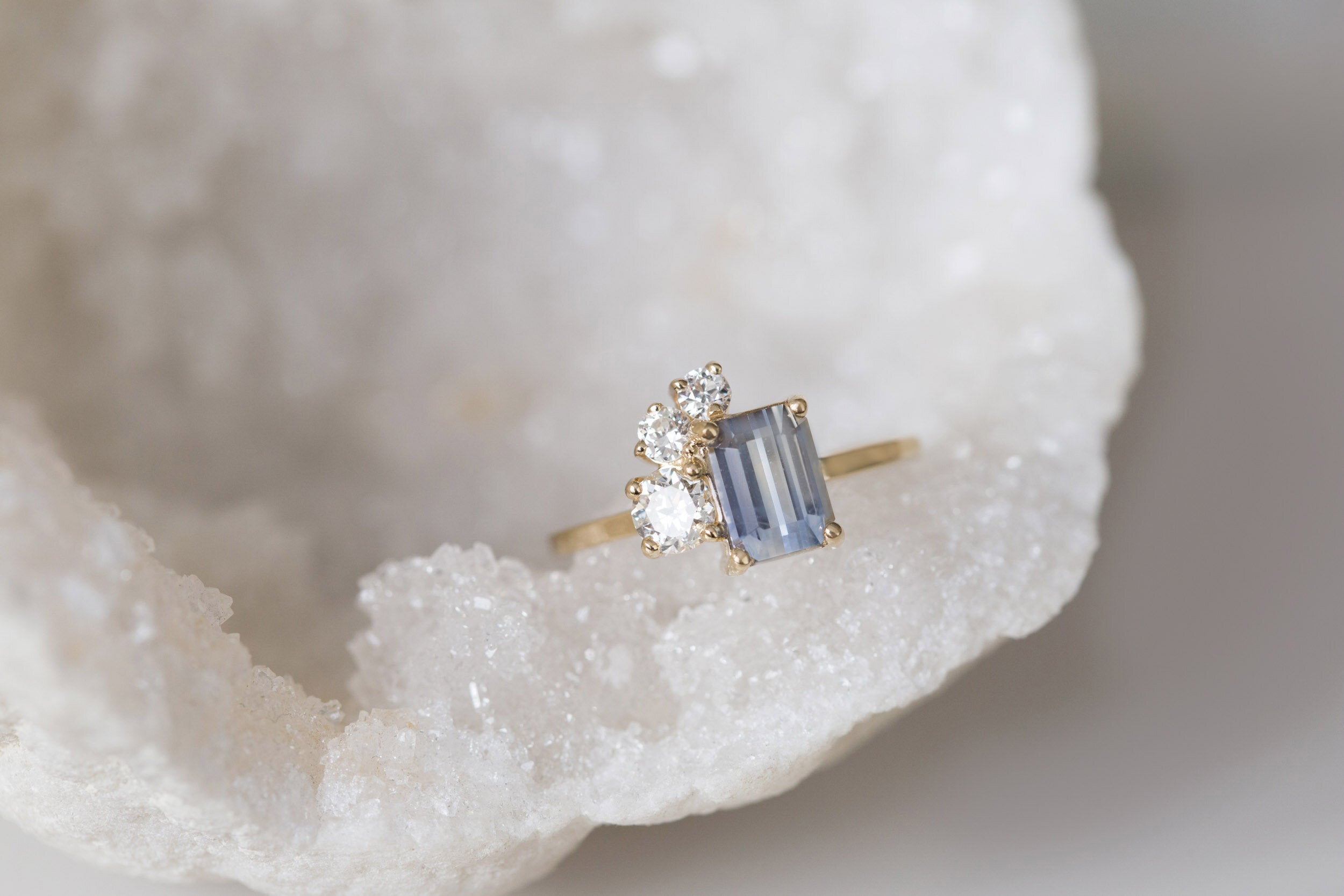 Adra Ring | Bicolor Emerald Cut Sapphire + Old European Cut Diamond Cluster Engagement Ring 1.77 ct | 14k Recycled Gold | One of a Kind