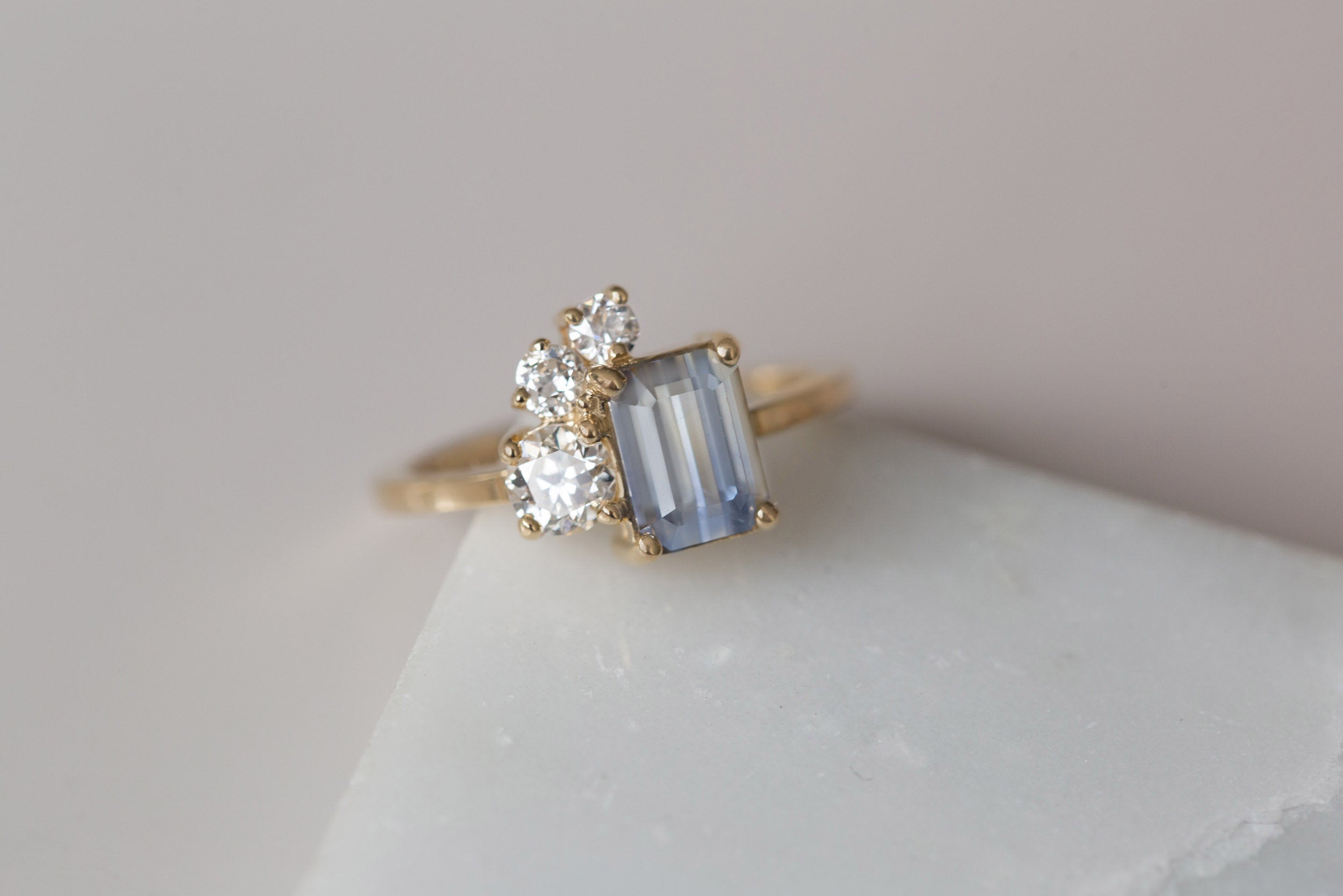 Adra Ring | Bicolor Emerald Cut Sapphire + Old European Cut Diamond Cluster Engagement Ring 1.77 ct | 14k Recycled Gold | One of a Kind