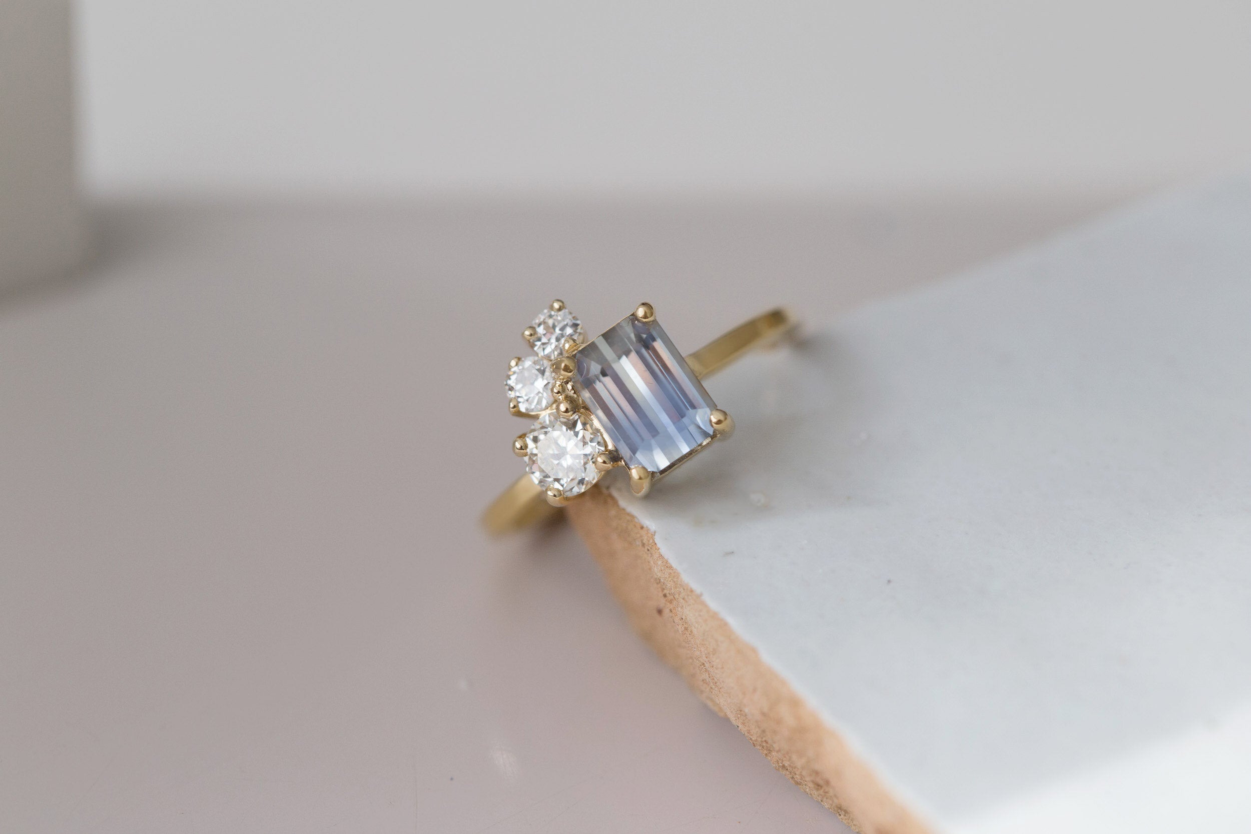 Adra Ring | Bicolor Emerald Cut Sapphire + Old European Cut Diamond Cluster Engagement Ring 1.77 ct | 14k Recycled Gold | One of a Kind