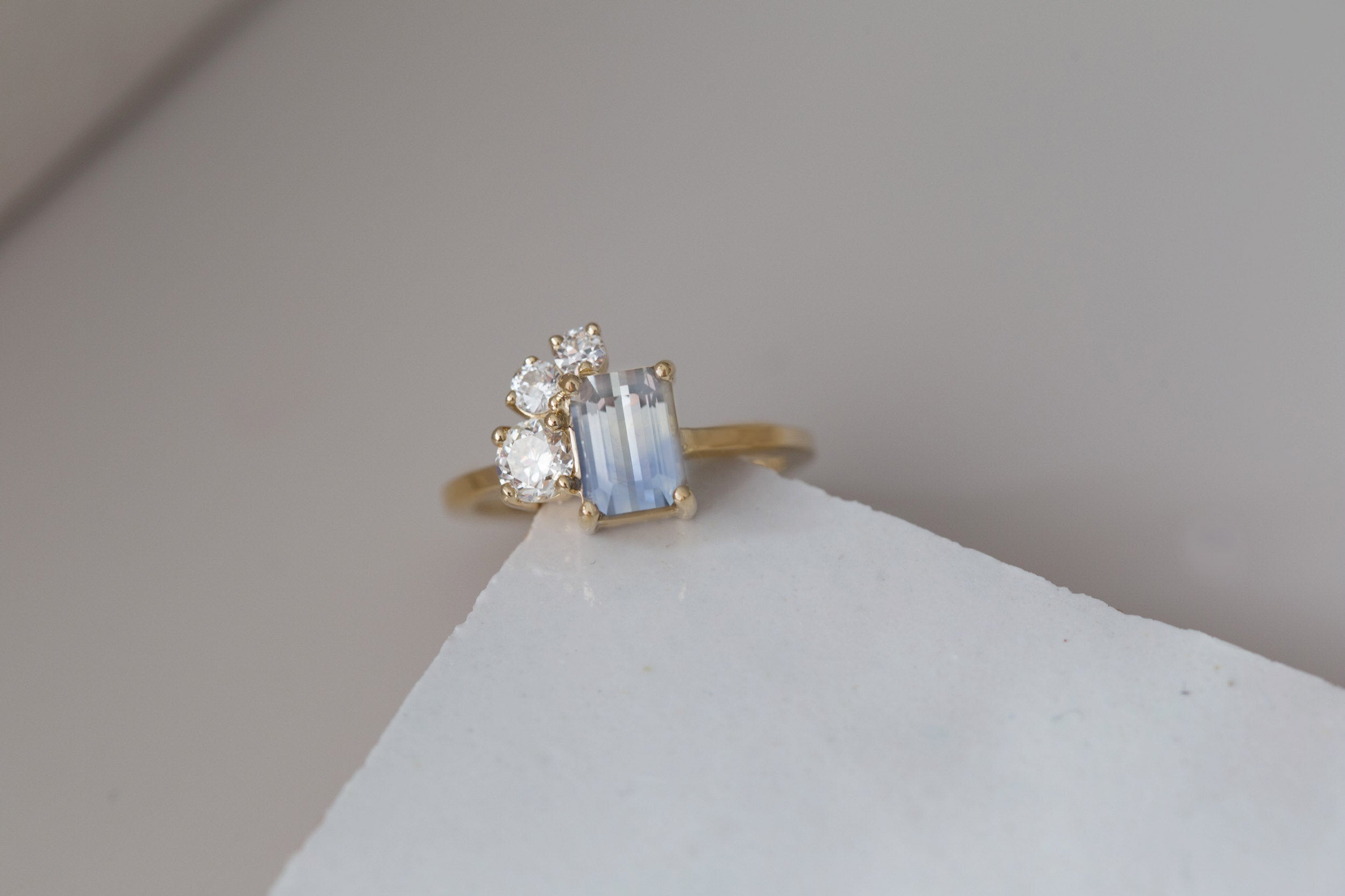 Adra Ring | Bicolor Emerald Cut Sapphire + Old European Cut Diamond Cluster Engagement Ring 1.77 ct | 14k Recycled Gold | One of a Kind